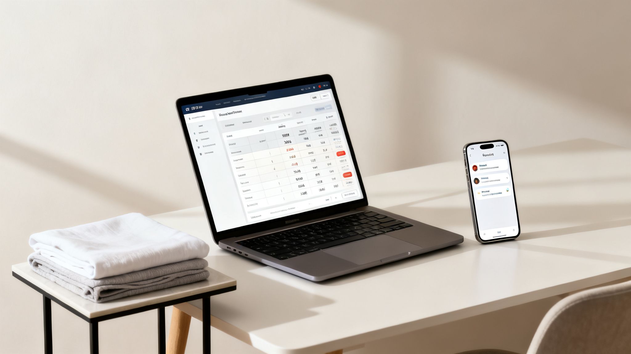 A clean home office setup with a laptop displaying a dashboard, a smartphone, and folded laundry.
