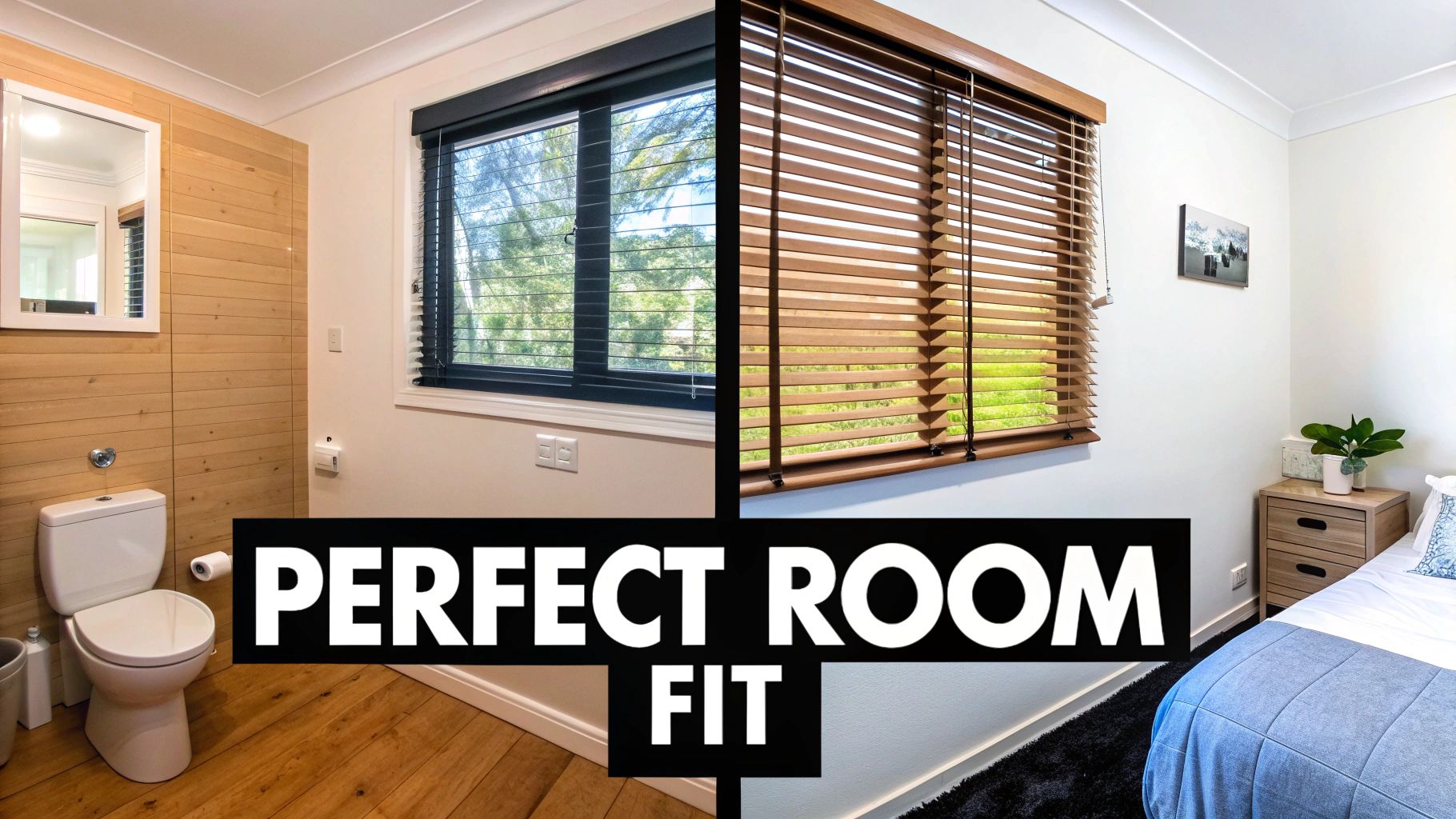 A split image showcasing a bathroom with dark faux wood blinds and a bedroom with light wood blinds, highlighting suitability.