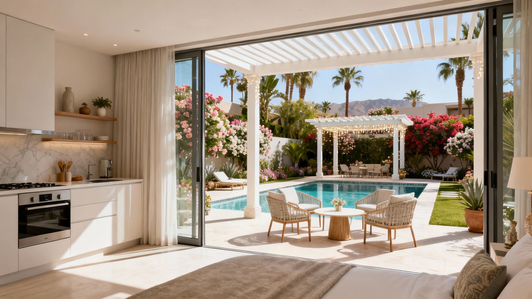 A luxurious modern room opens to a sunny swimming pool patio with lush plants and mountain views.