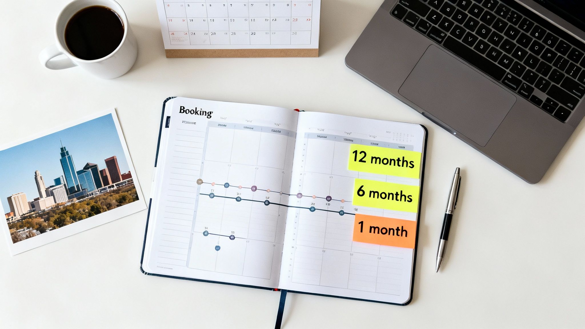 Top-down view of an organized desk with a booking planner, coffee, laptop, and cityscape photo.