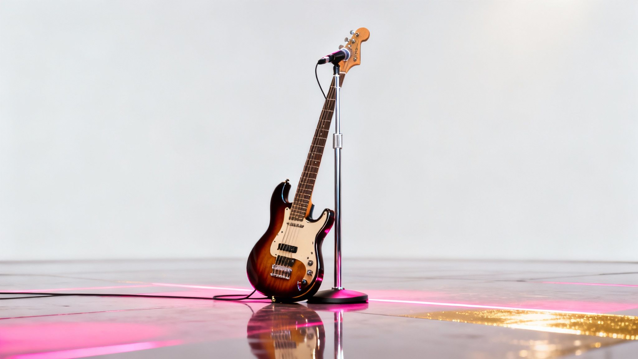 An electric bass guitar with a sunburst finish leans against a microphone stand on a reflective stage with pink light.