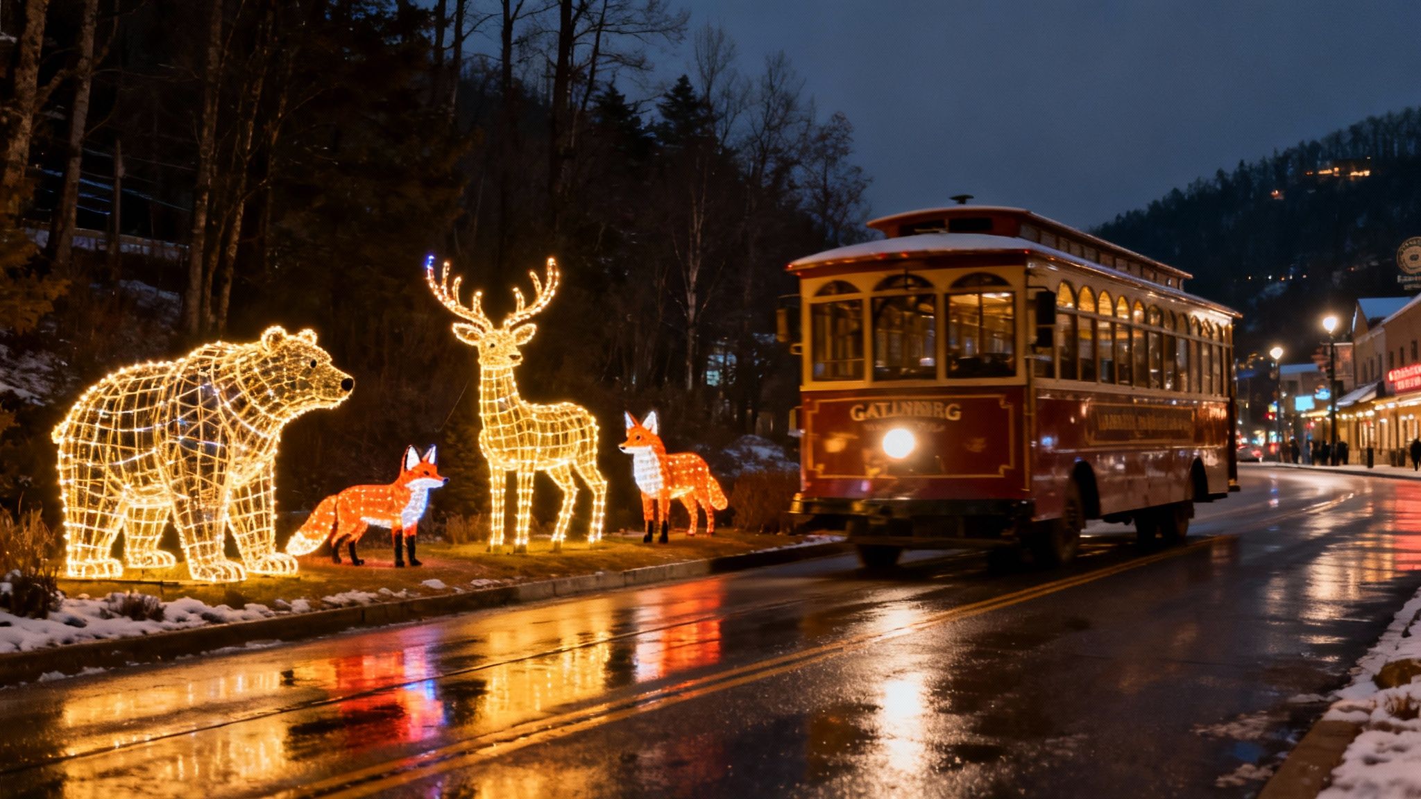 A street in Gatlinburg lit up with festive Winterfest light displays at night