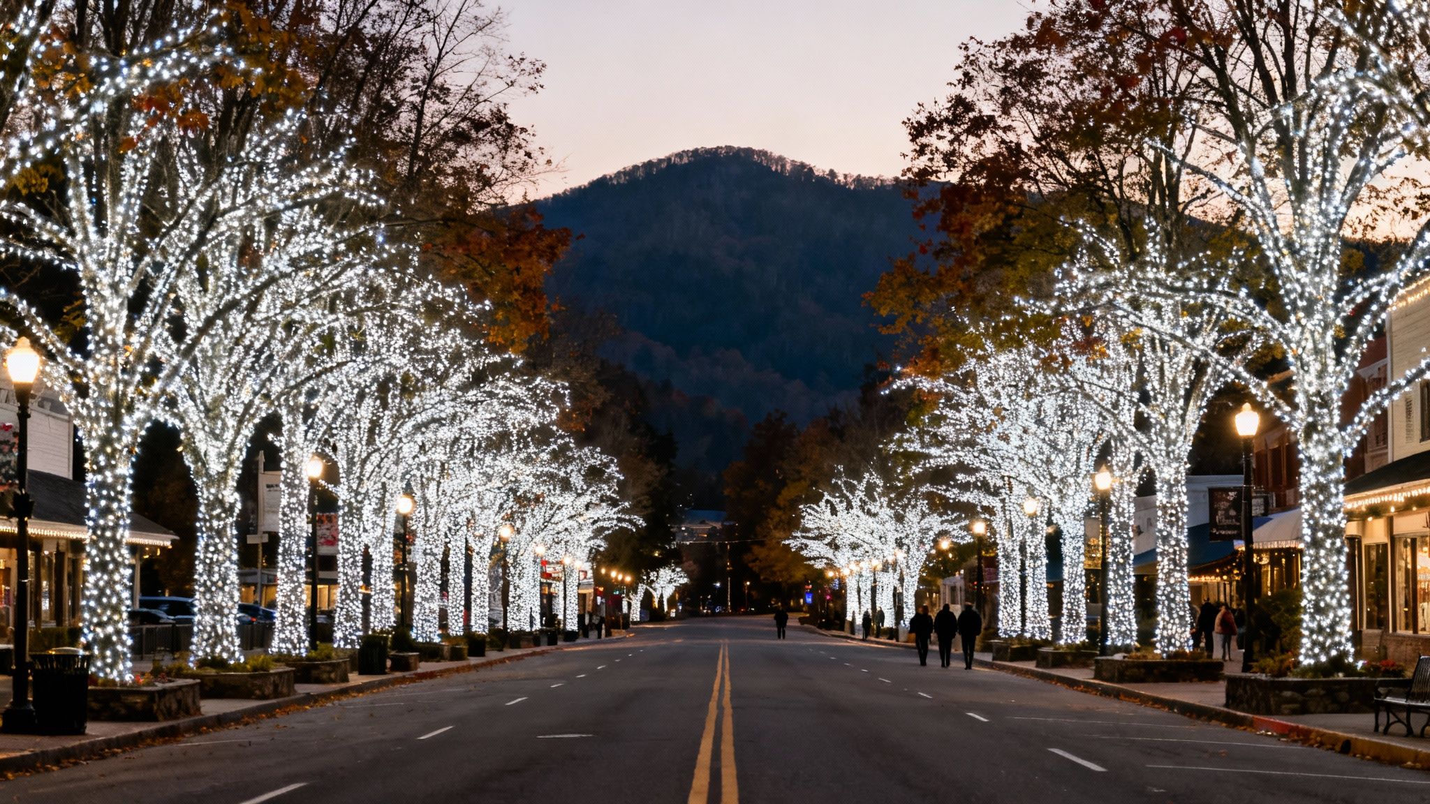 An enchanting evening view of a street lined with trees sparkling with white lights, a mountain in the background.