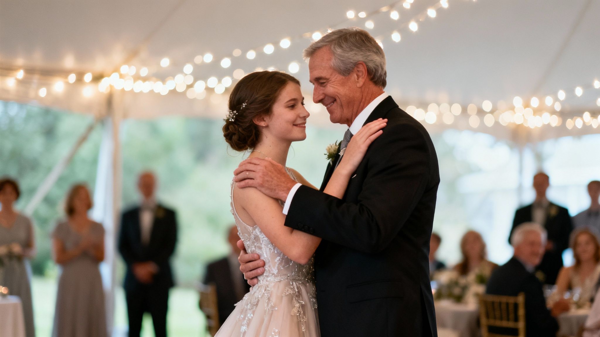 Father and daughter smile lovingly while dancing at a wedding reception under string lights.