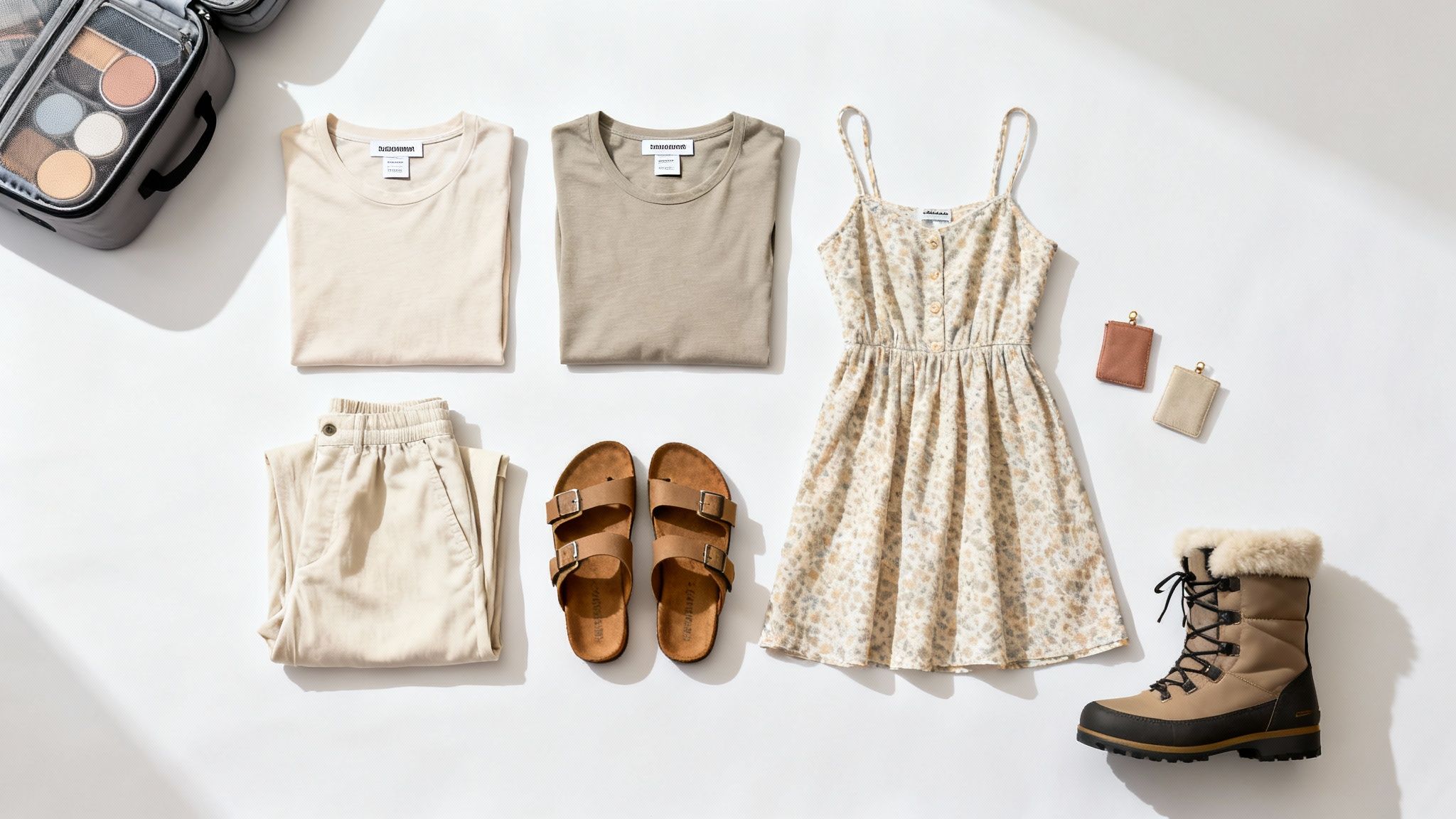 A flat lay of neutral-toned clothing and accessories, including shirts, shorts, a dress, sandals, and boots, for a family vacation.