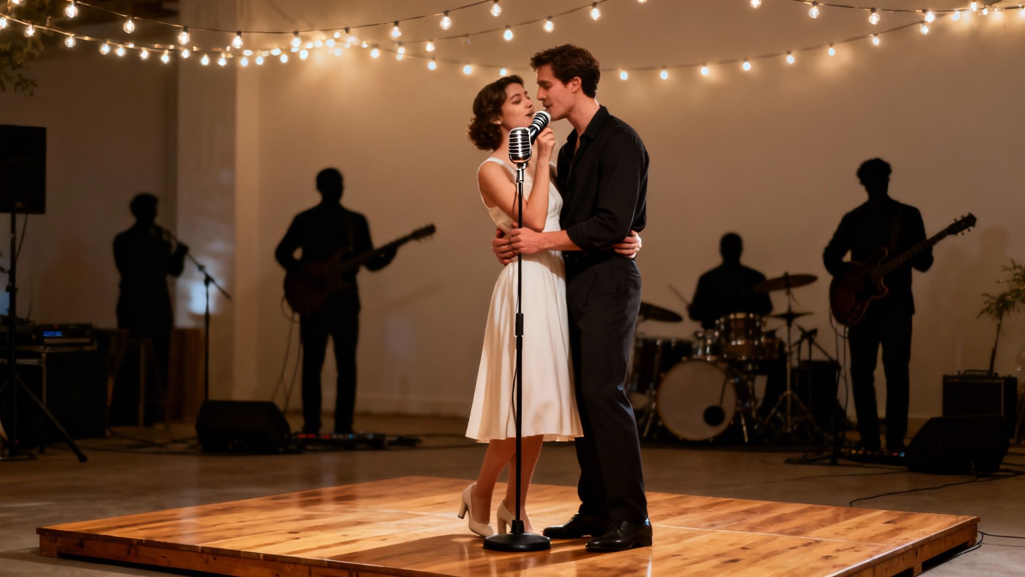 A romantic couple embraces and sings into a vintage microphone on stage with a band.