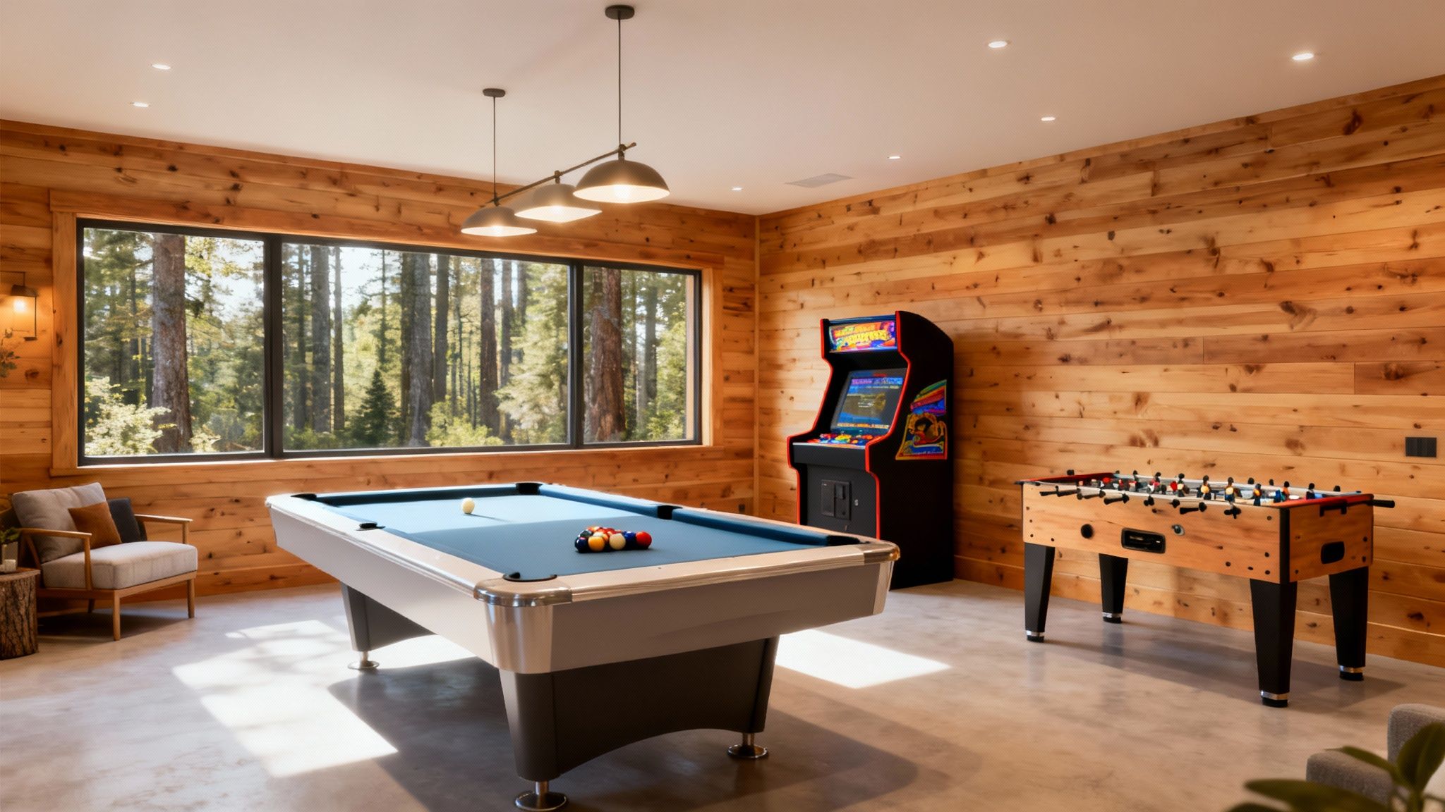 A rustic game room featuring a pool table, arcade machine, and foosball table with forest views.