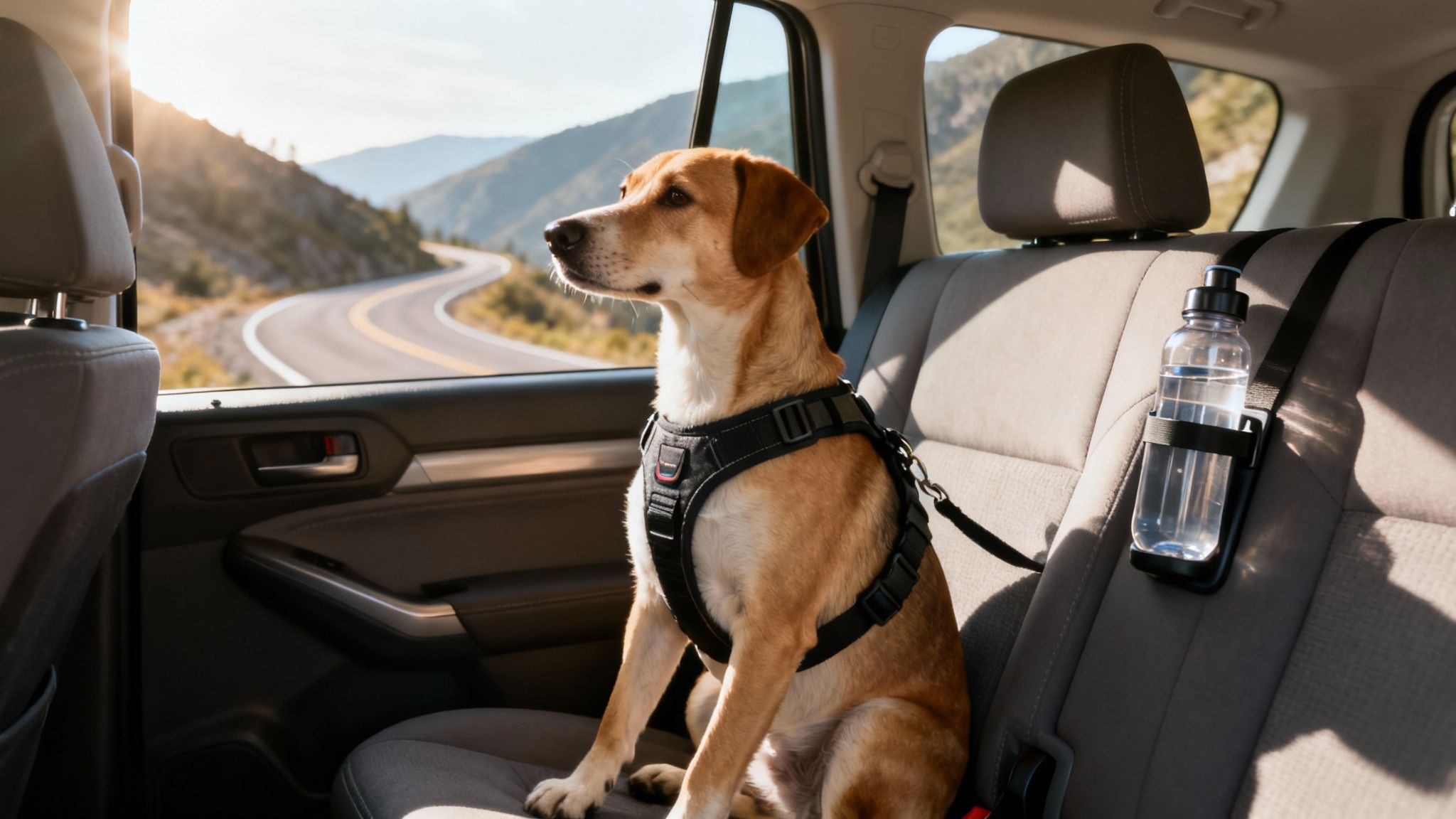A happy brown dog in a car harness looks out the window at a scenic mountain road.