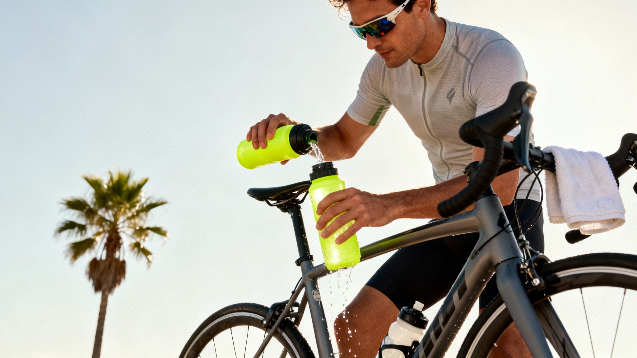 A cyclist taking a water break with a view of the Palm Springs desert landscape.