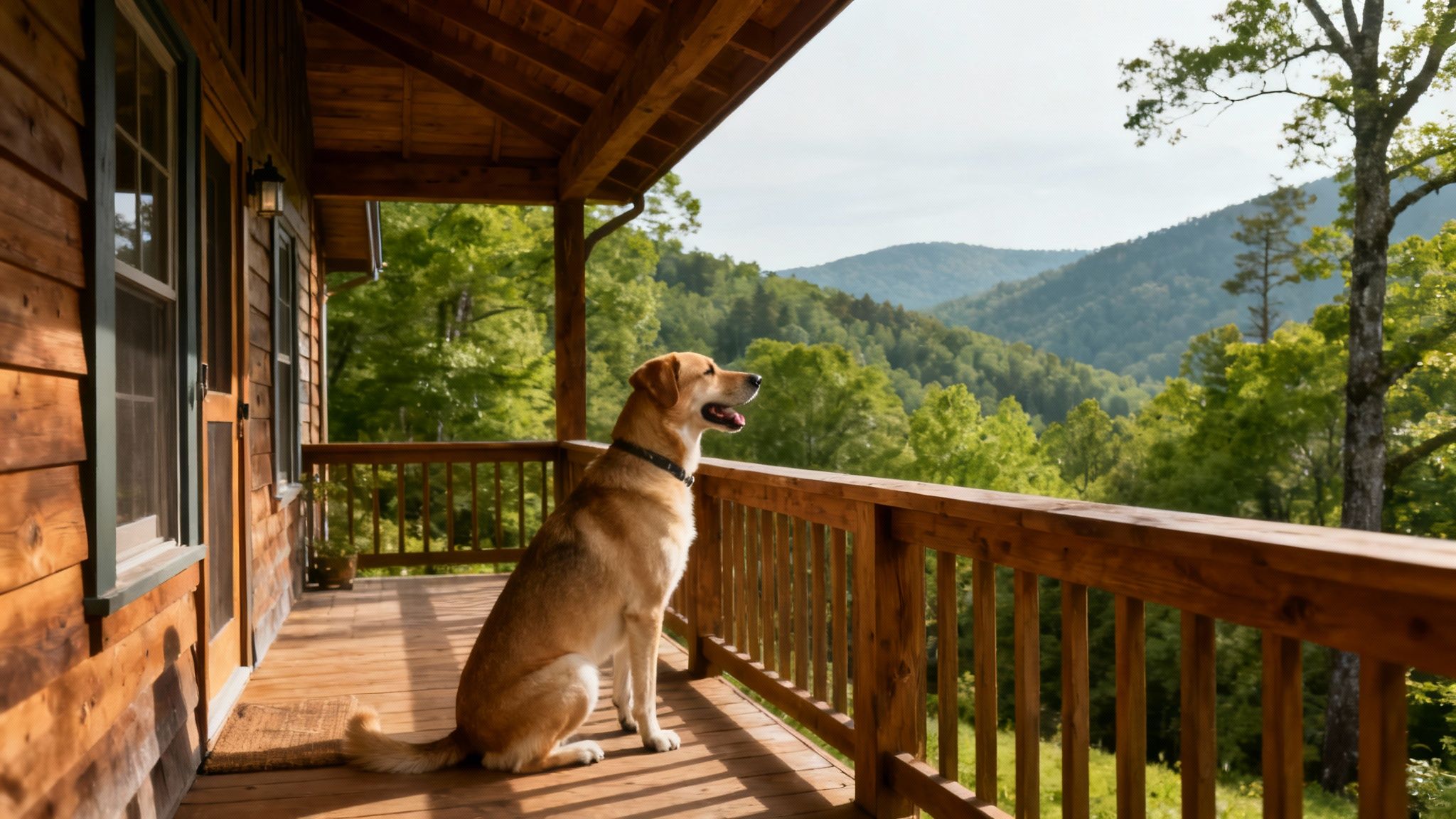 A happy dog sitting inside a rustic, cozy cabin with sunlight streaming in.