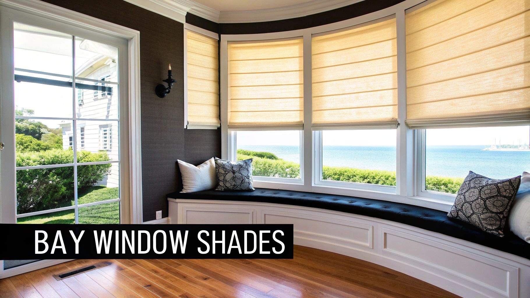 A cozy living room featuring light-filtering cellular shades on a large, curved bay window.
