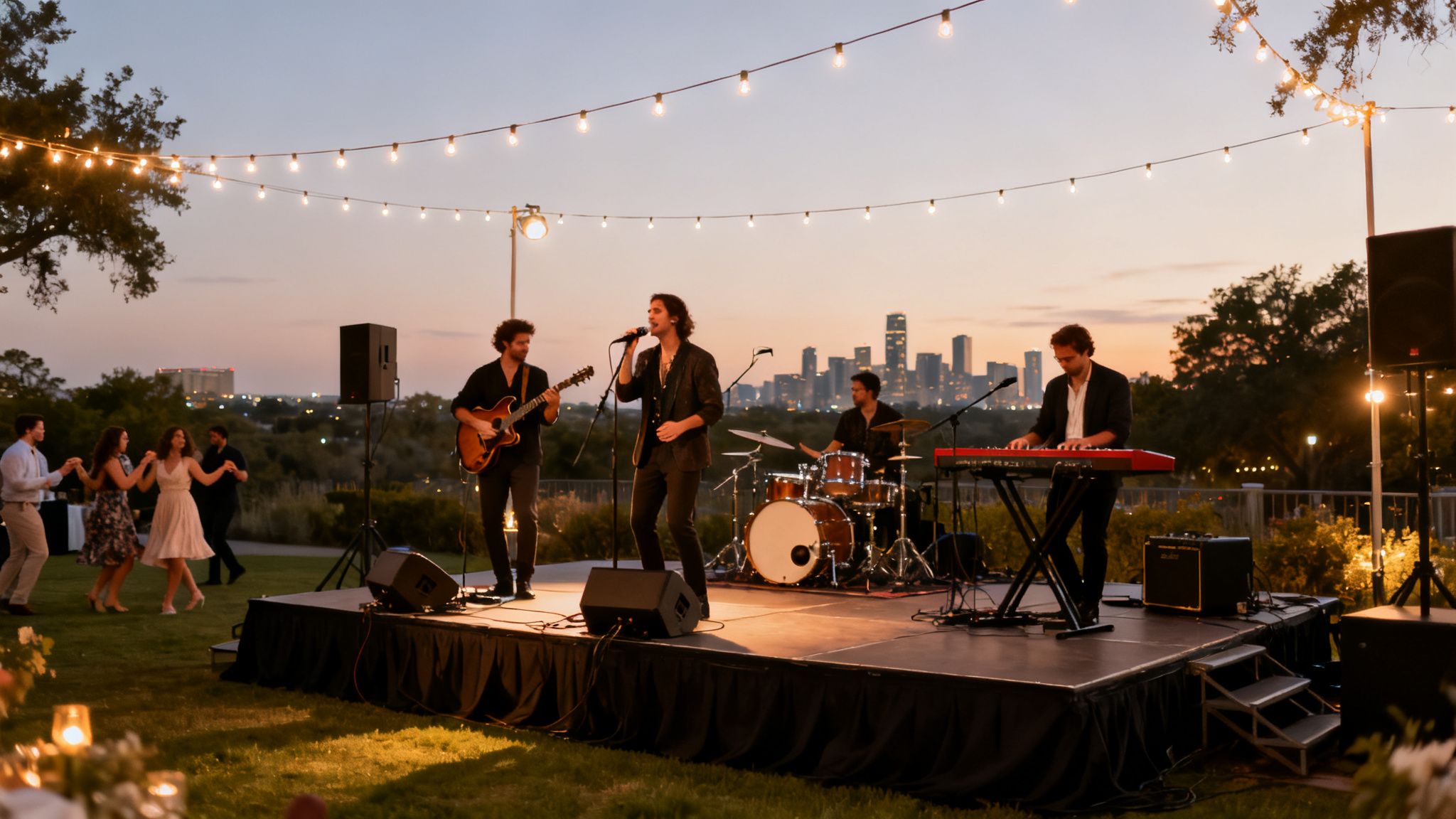 An outdoor band performs on a stage at dusk, with a city skyline backdrop and people dancing.