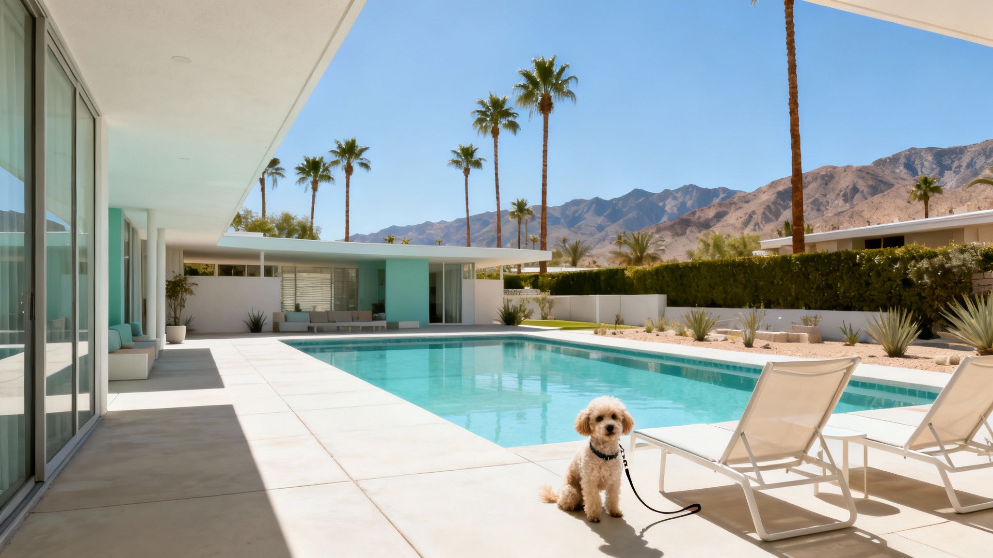 A small fluffy dog sits by a turquoise swimming pool at a modern house with palm trees and mountains.