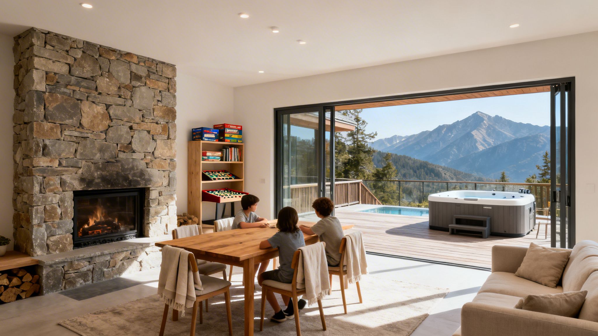 Cozy cabin interior featuring a stone fireplace, dining table, and outdoor hot tub with mountain views.
