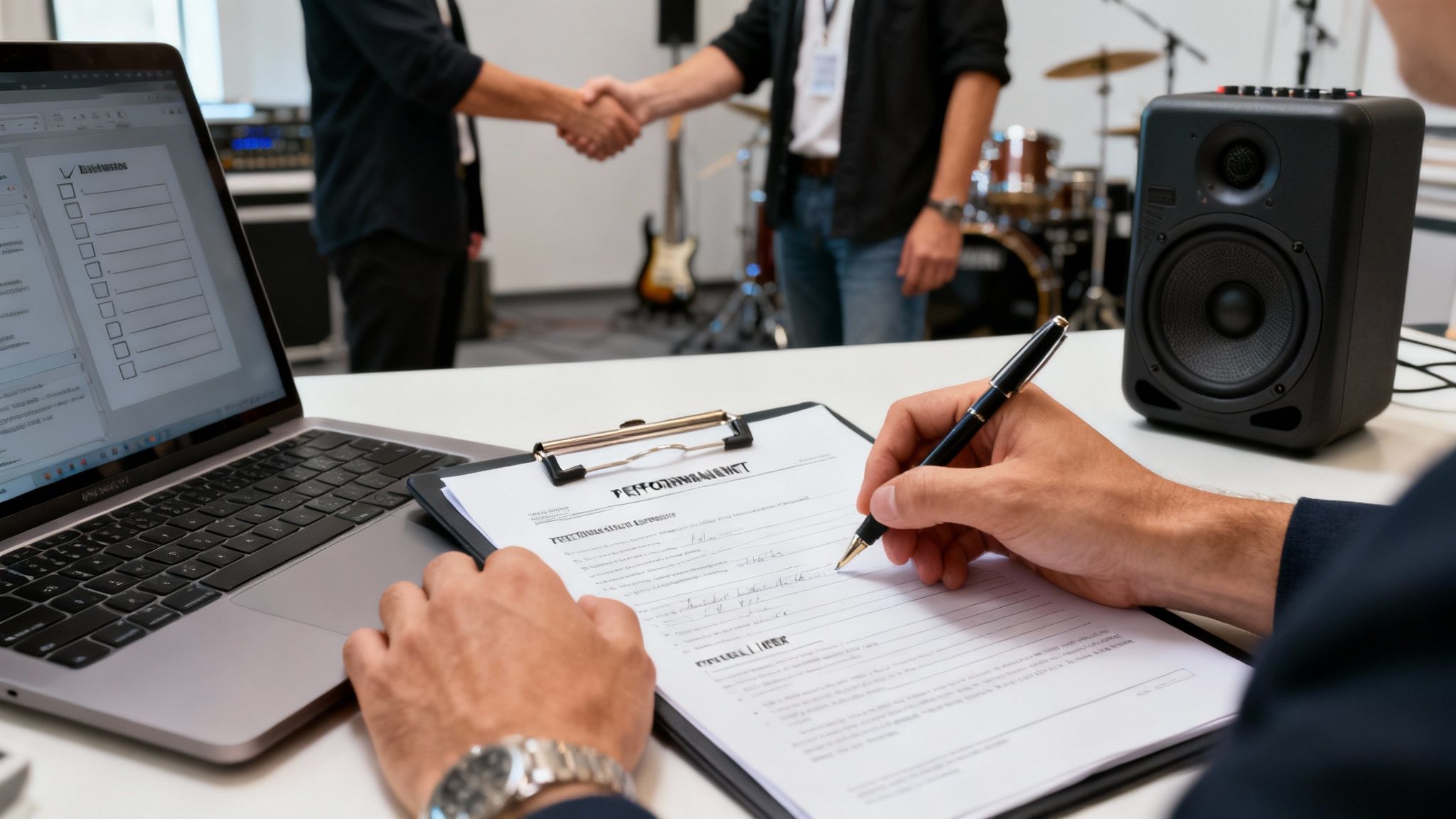 A person signs a performance contract at a desk with a laptop and speaker, while two men shake hands.