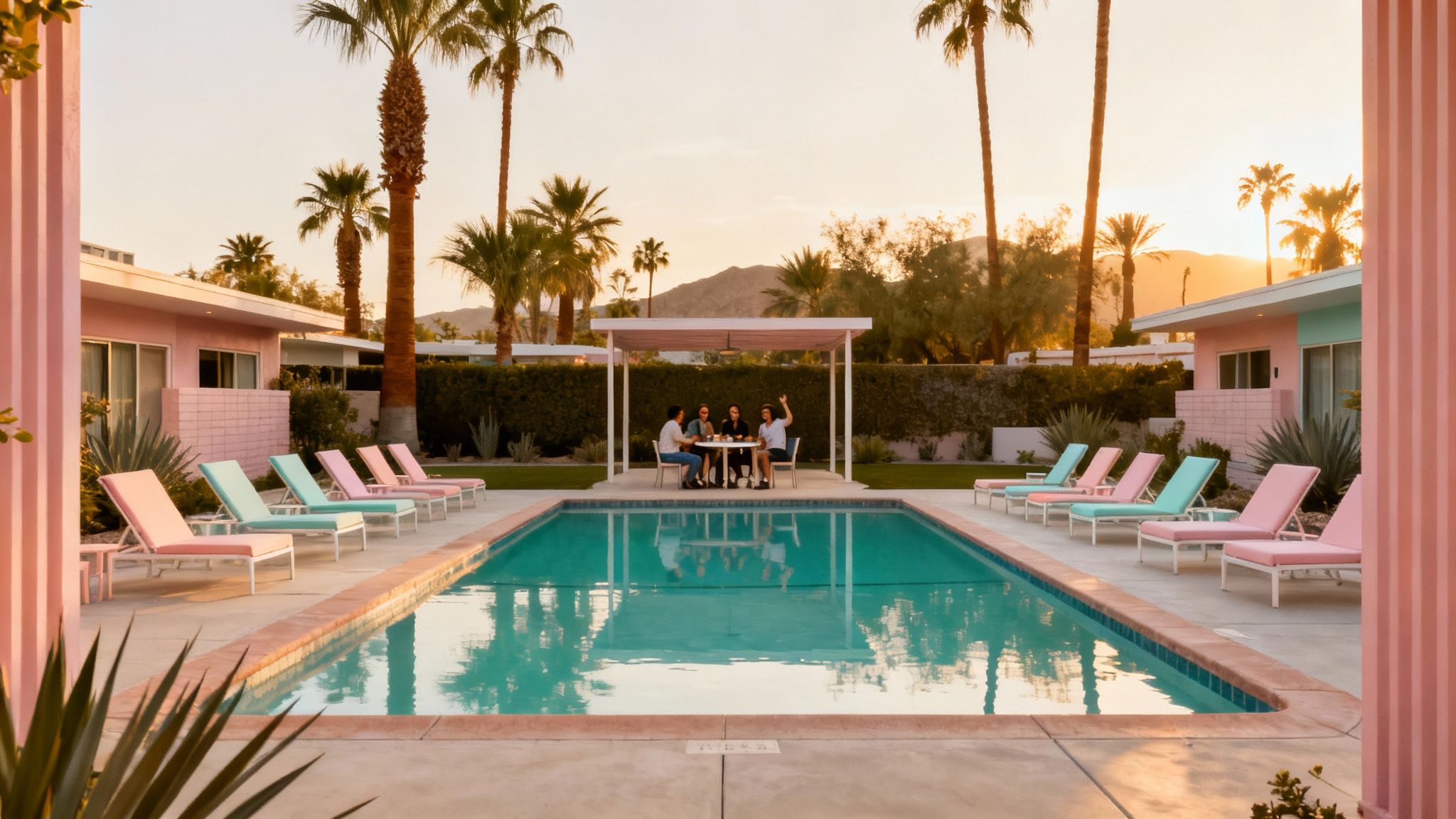 A group of friends enjoys drinks by a vibrant hotel pool with colorful lounge chairs at sunset.