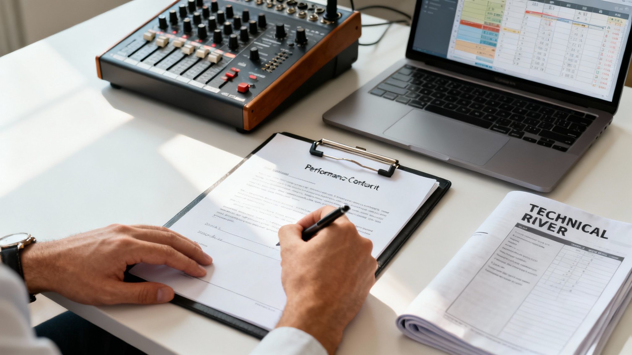 Person writing on a "Performance Content" document at a well-lit desk with a laptop and audio mixer.