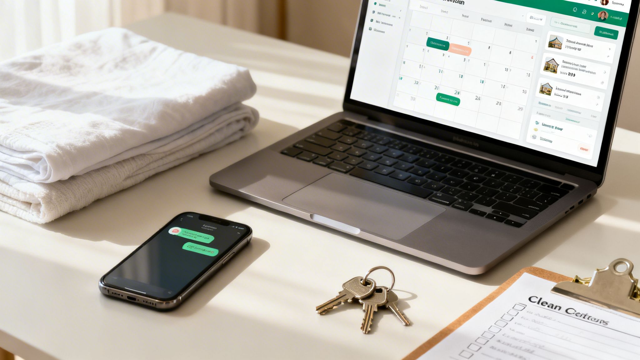 Laptop displaying vacation rental calendar, smartphone with messages, keys, and cleaning checklist on a white desk.