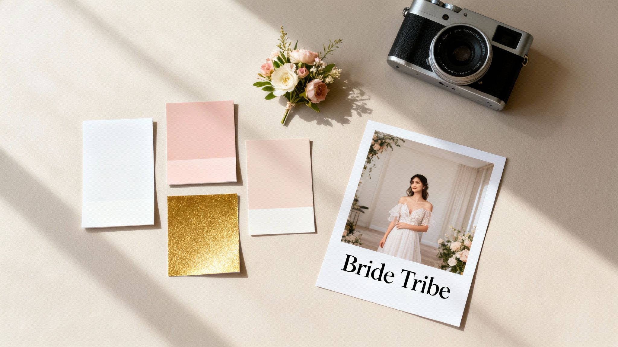 Flat lay of wedding planning items: flowers, camera, color swatches, and a 'Bride Tribe' photo.