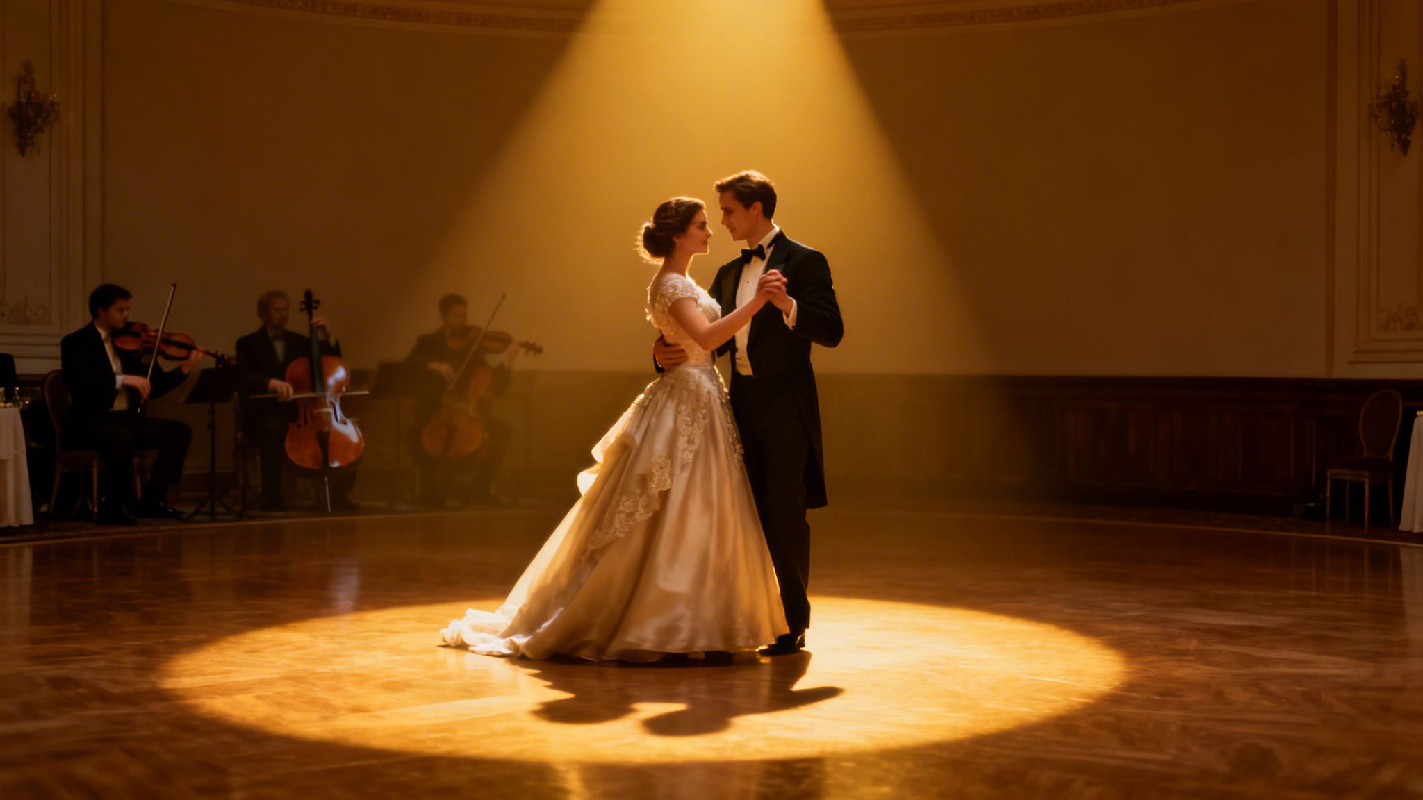 Elegant couple dancing in a spotlight on a wooden floor, with a live string quartet playing.