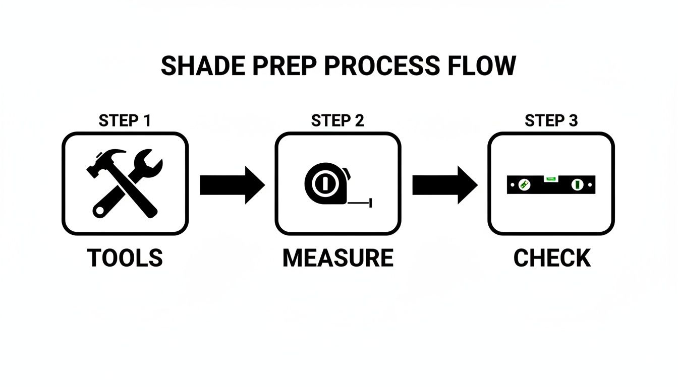 A shade preparation process flow diagram showing three steps: Tools, Measure, and Check, with corresponding icons.