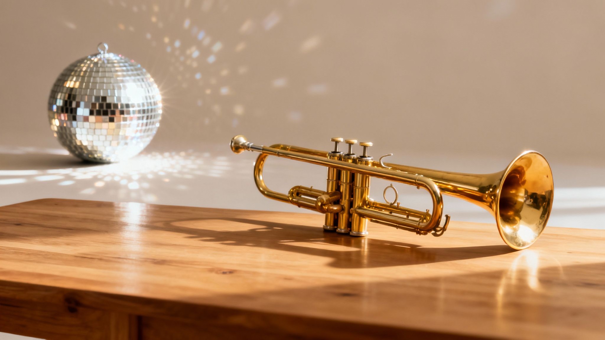 A golden trumpet lies on a wooden table, with a disco ball and light reflections in the background.