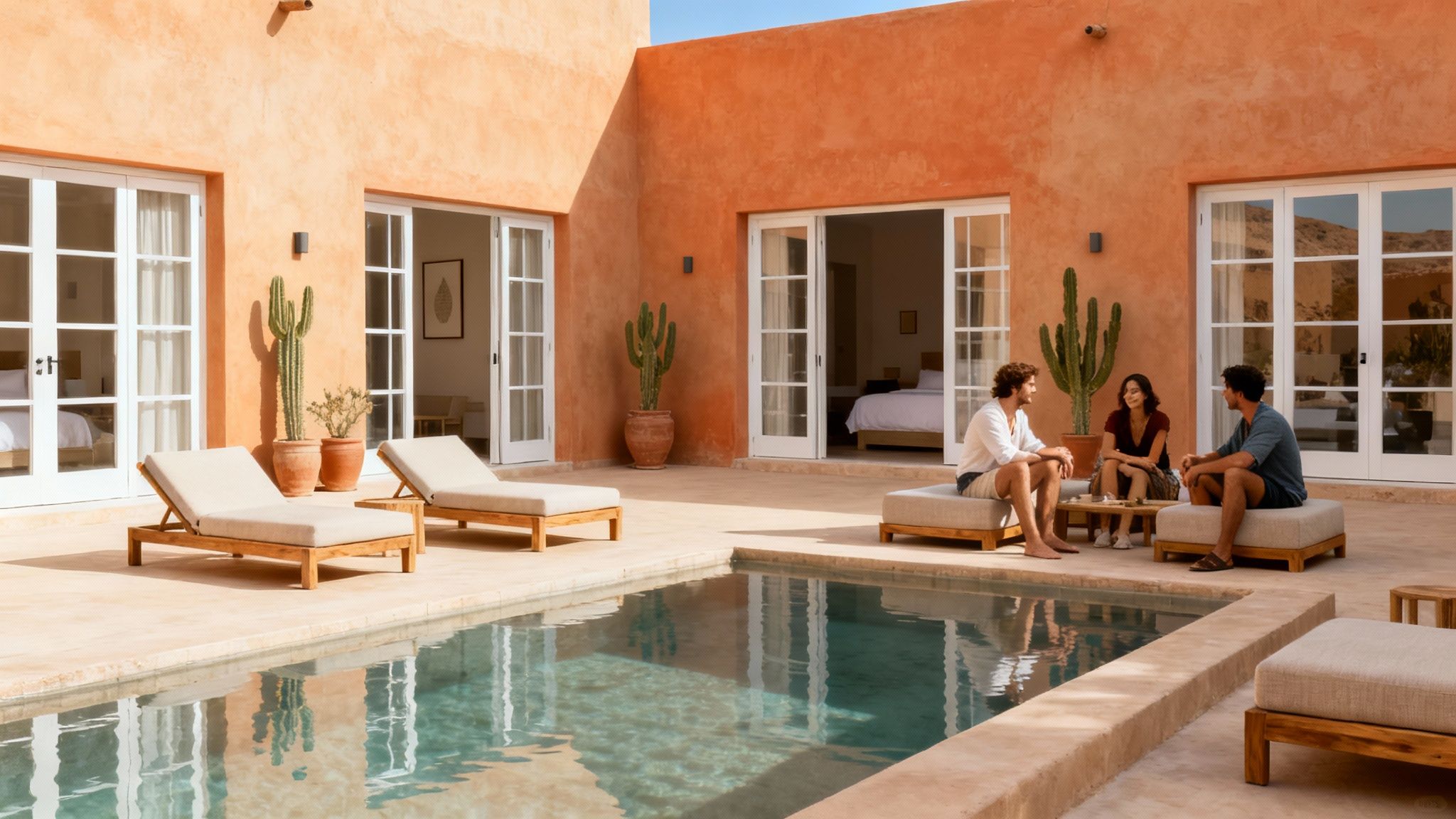 A woman smiling and enjoying the sunshine in a stylish Palm Springs hotel courtyard.