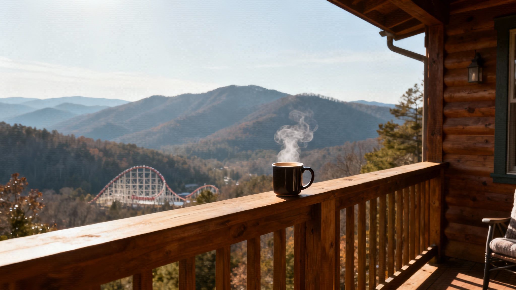 Family enjoying the view from a cabin porch near Dollywood.