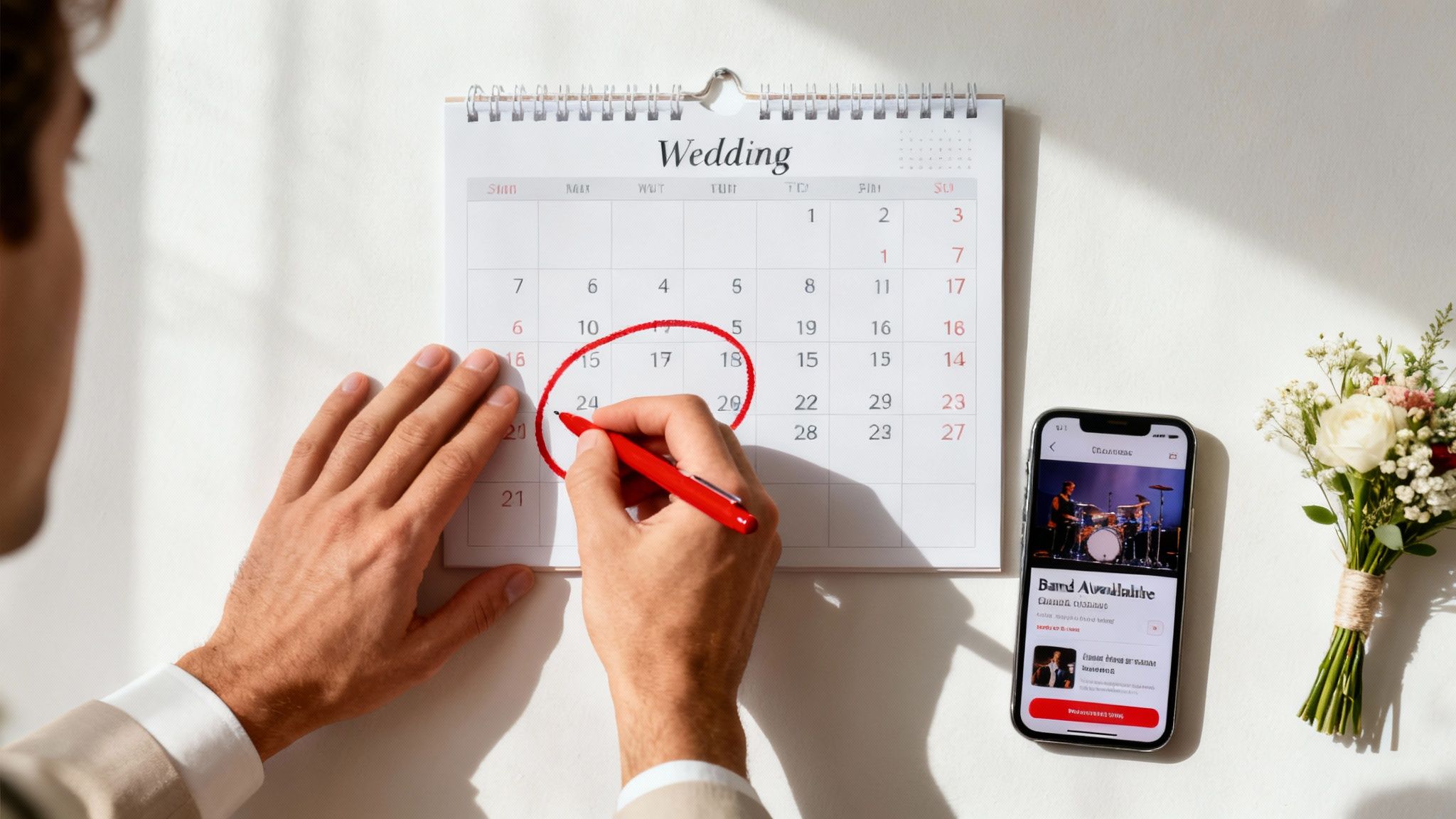 Man plans wedding, circling a date on calendar, browsing live band availability on phone.