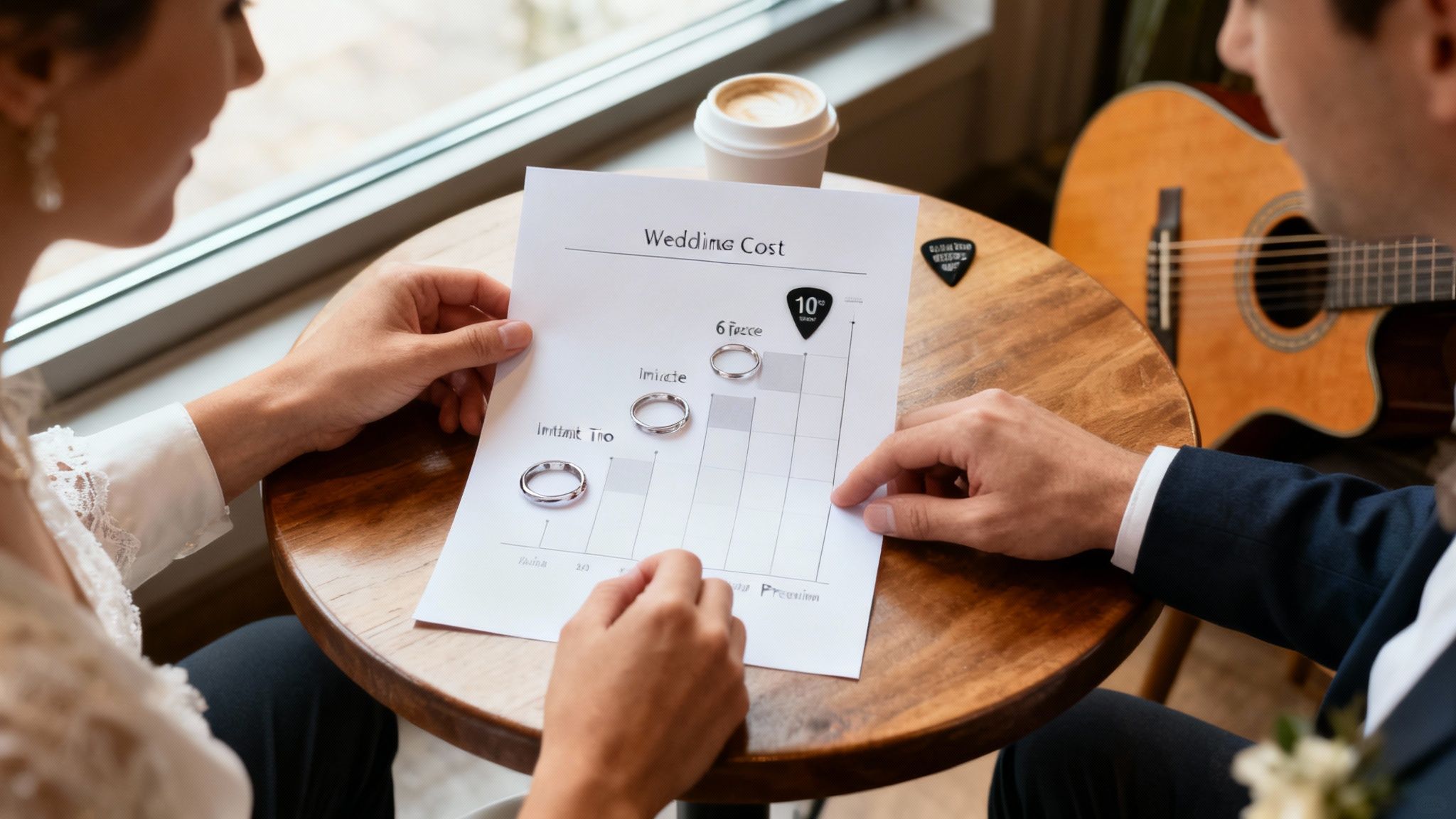 Engaged couple reviewing wedding cost budget with rings on wooden table