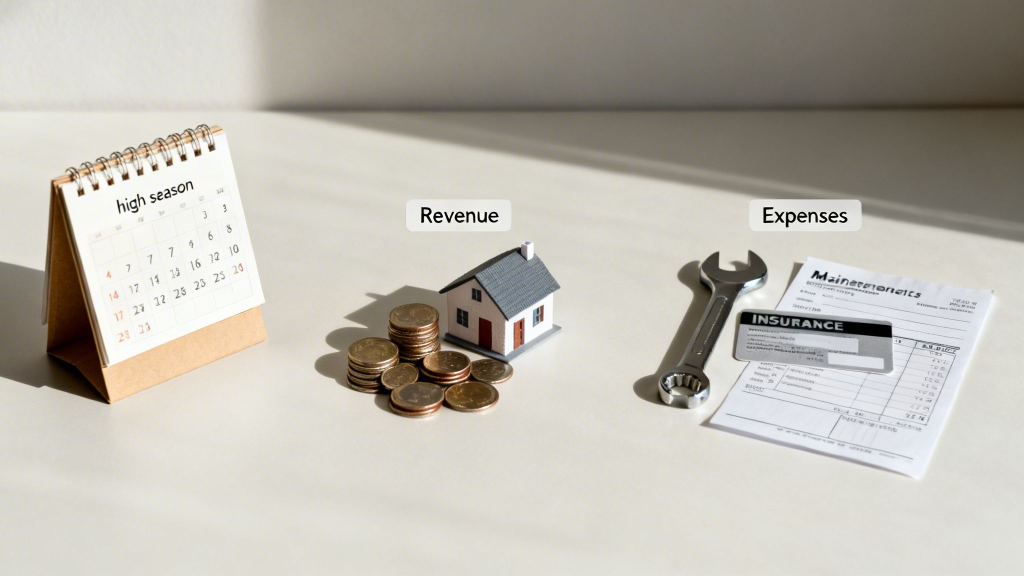 A flat lay depicting rental income and expenses: high season calendar, house with coins, and maintenance bills.