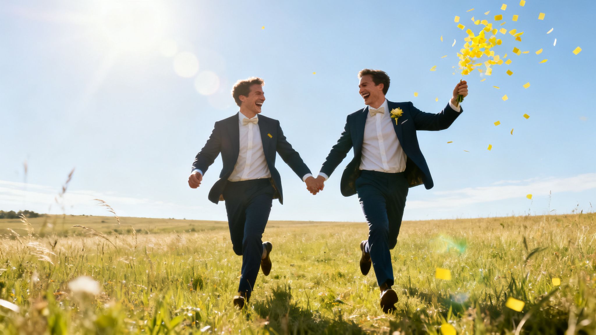 Two happy grooms in suits run hand-in-hand through a sunny field, celebrating with yellow confetti.