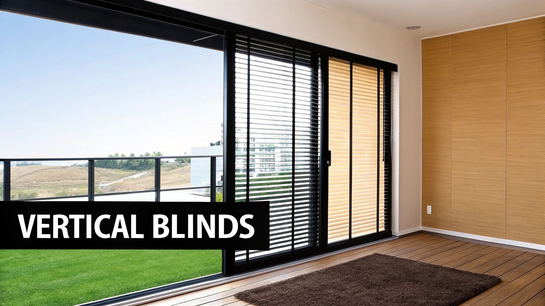 A bright living room with large windows covered by clean, white vertical blinds.