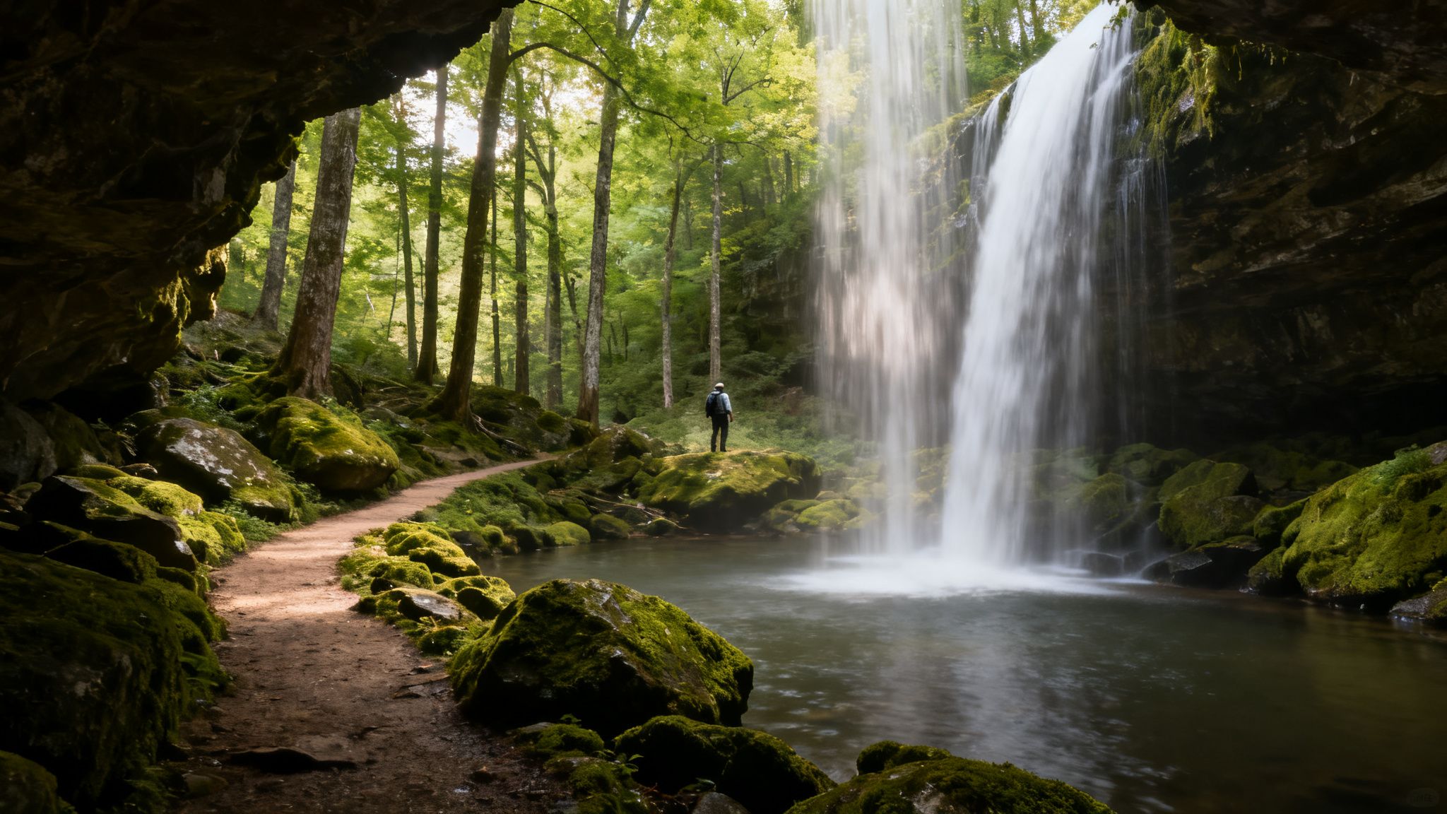 A lone hiker stands by a majestic waterfall cascading into a pool amidst a mossy forest.
