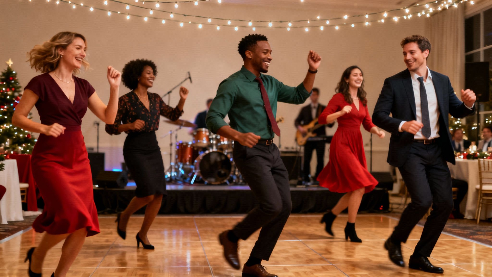 Diverse group of friends joyfully dancing at a festive company holiday party with a live band.