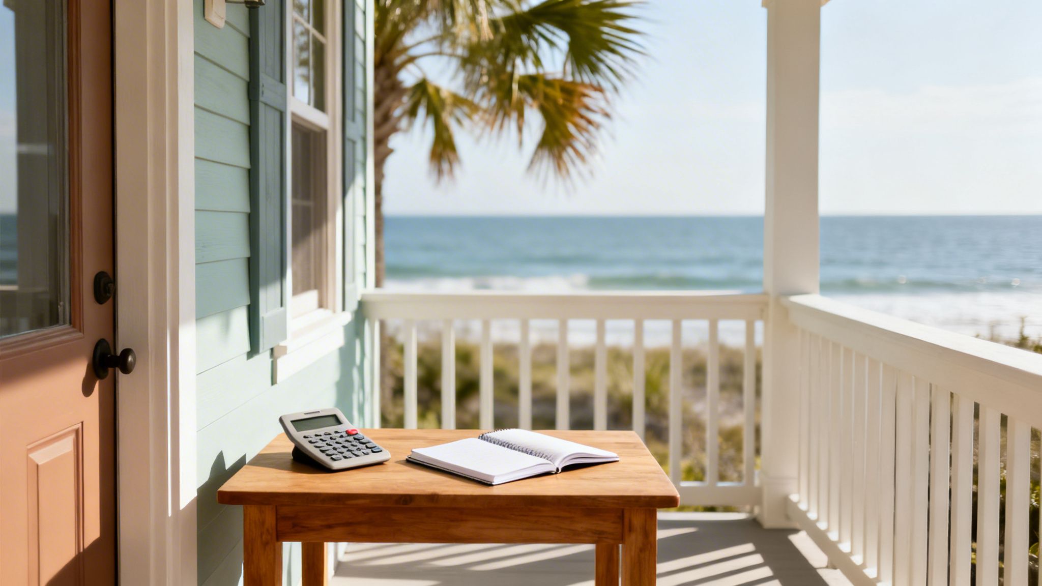 A calculator and open notebook on a table on a beach house porch overlooking the ocean.