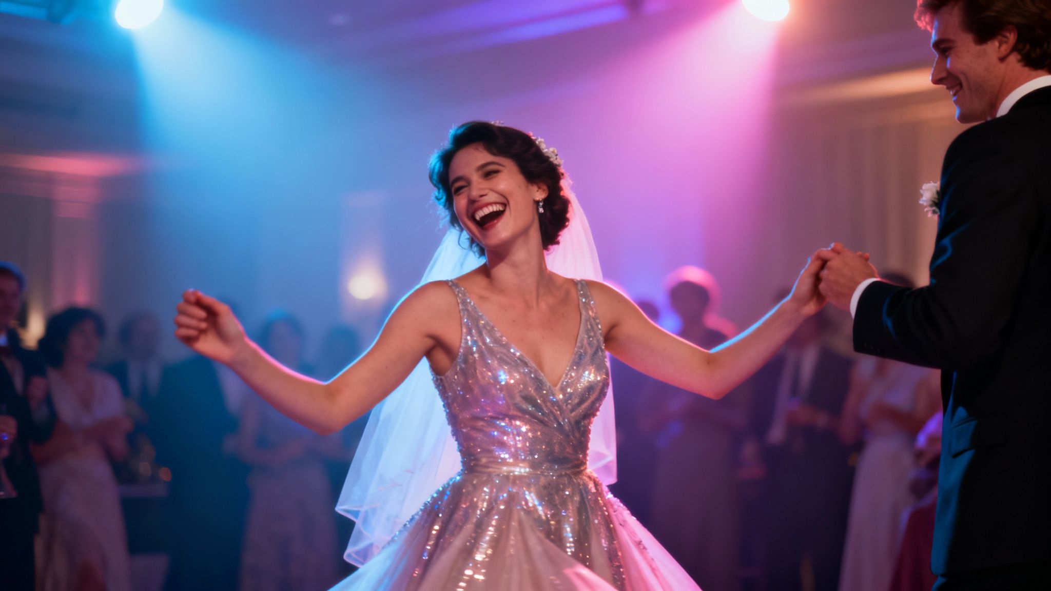 A joyous bride in a sparkling dress dances with the groom at a vibrant wedding reception, surrounded by guests.