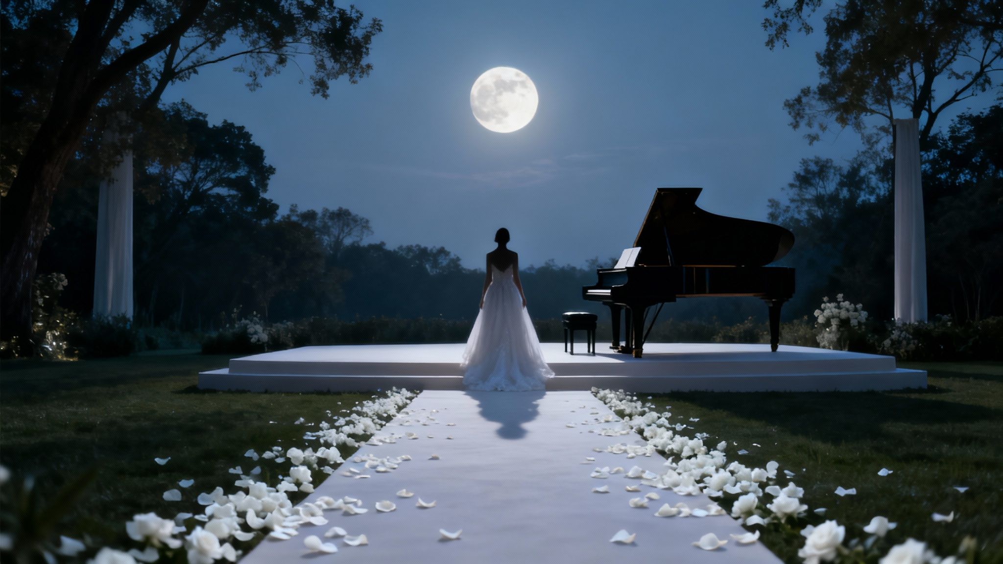 A bride in a white dress walks down an aisle towards a grand piano under a full moon.
