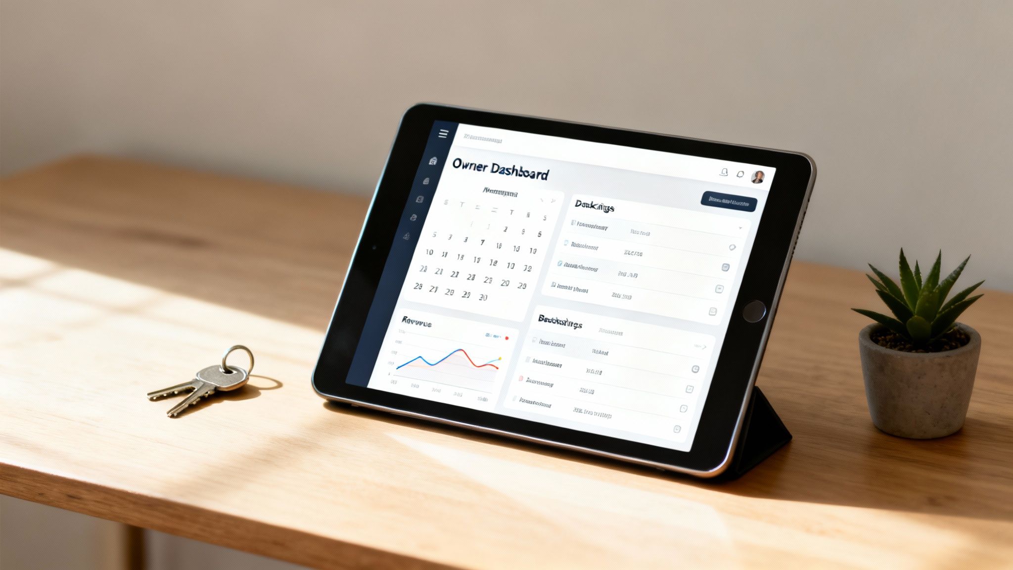 A tablet displaying an owner dashboard with graphs, a calendar, and listings on a wooden desk with keys and a plant.