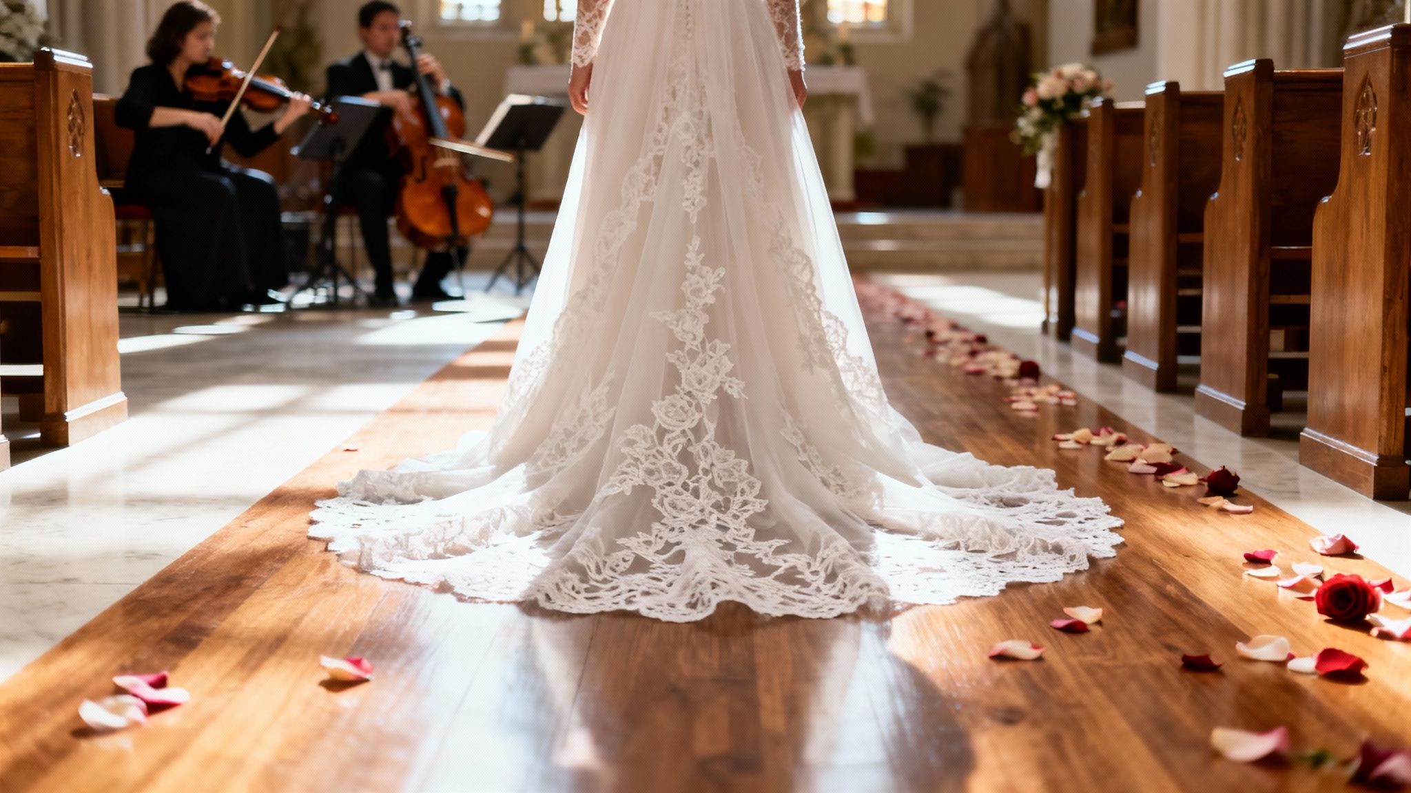 Back of a bride in a white lace wedding dress walking down a church aisle with rose petals.