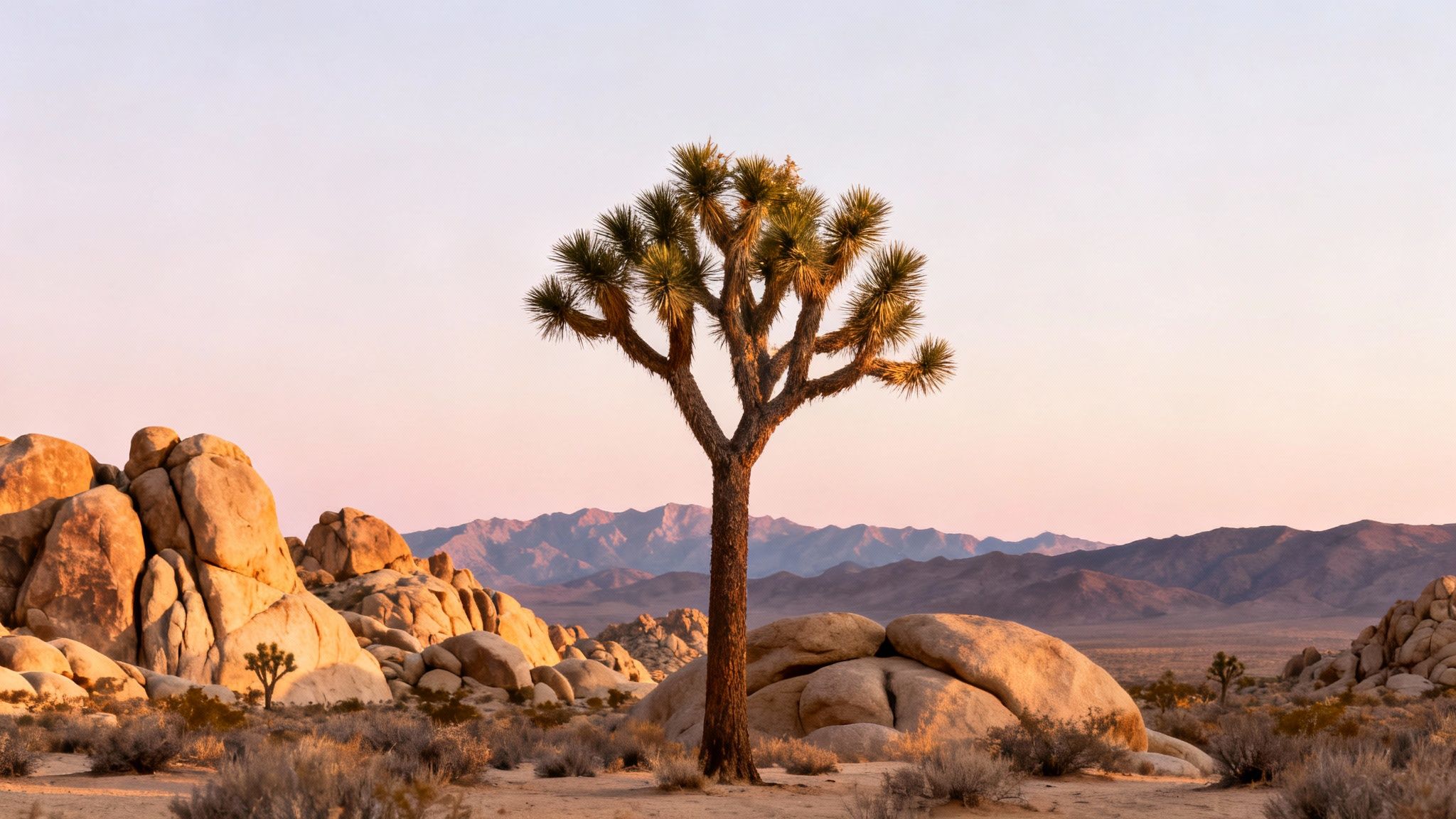 A solitary Joshua tree stands tall in a serene desert landscape with rocks and mountains at sunset.