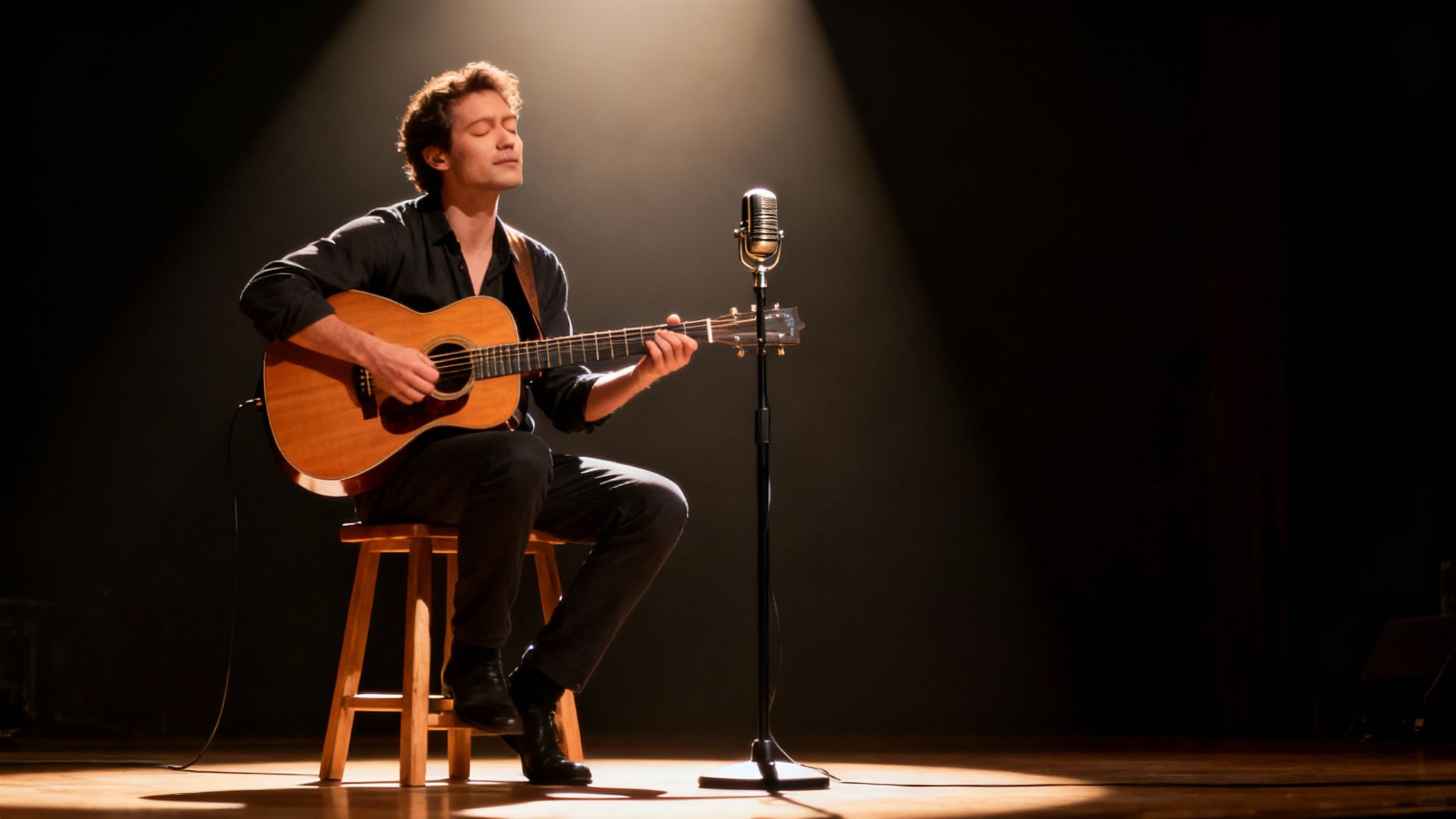 Male musician performing acoustic guitar song on stage under spotlight with vintage microphone