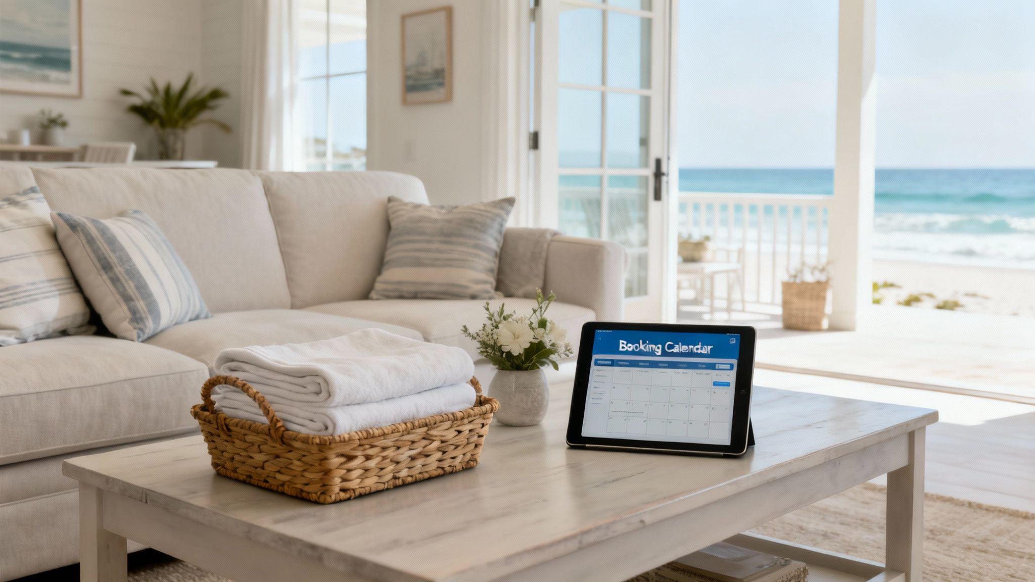 Tablet with a booking calendar on a coffee table in a bright beach house living room.