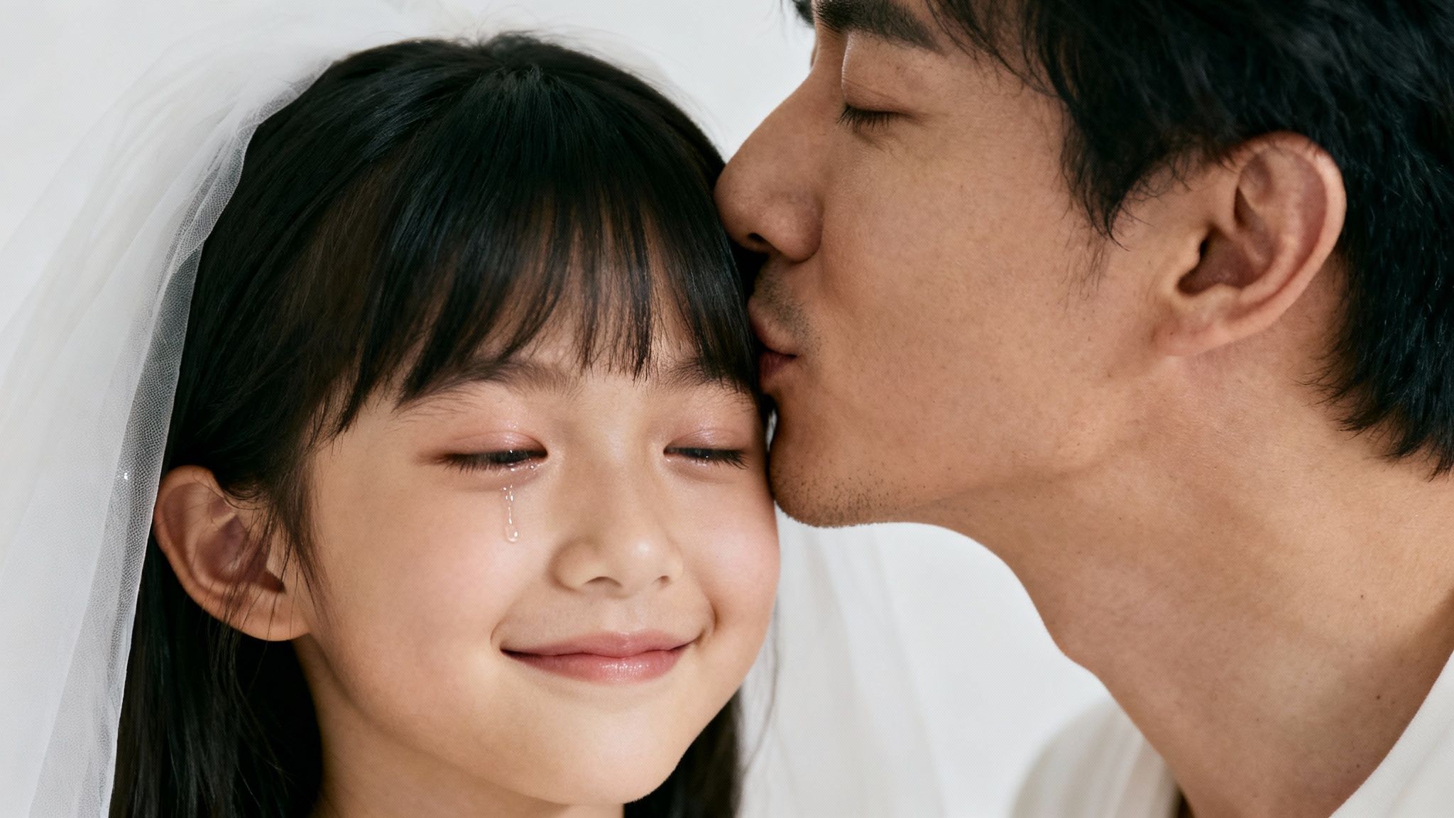 Father kissing daughter&#39;s forehead showing tender moment of love and affection