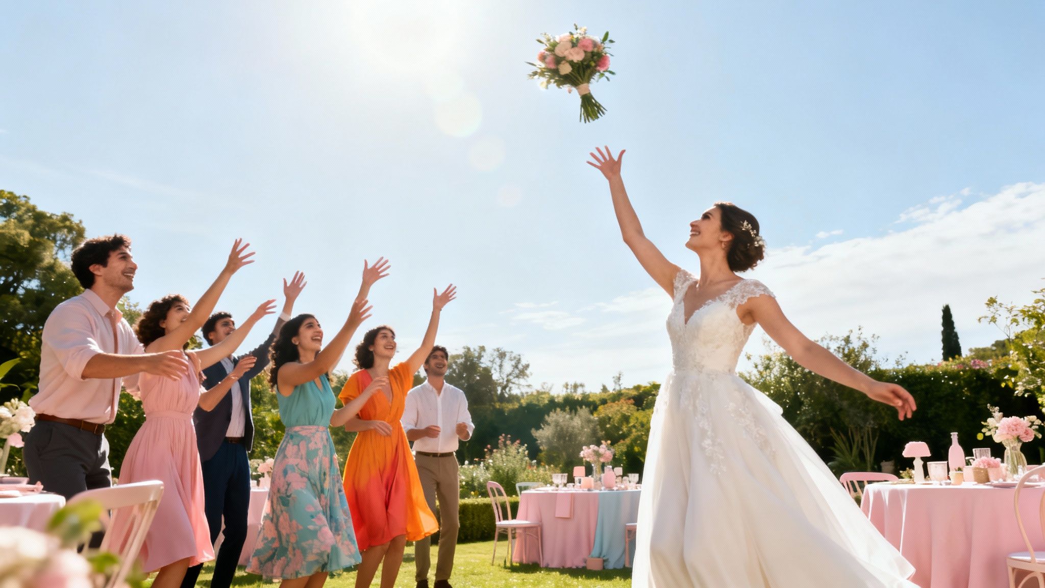 A happy bride throws her wedding bouquet as joyful guests reach to catch it outdoors.