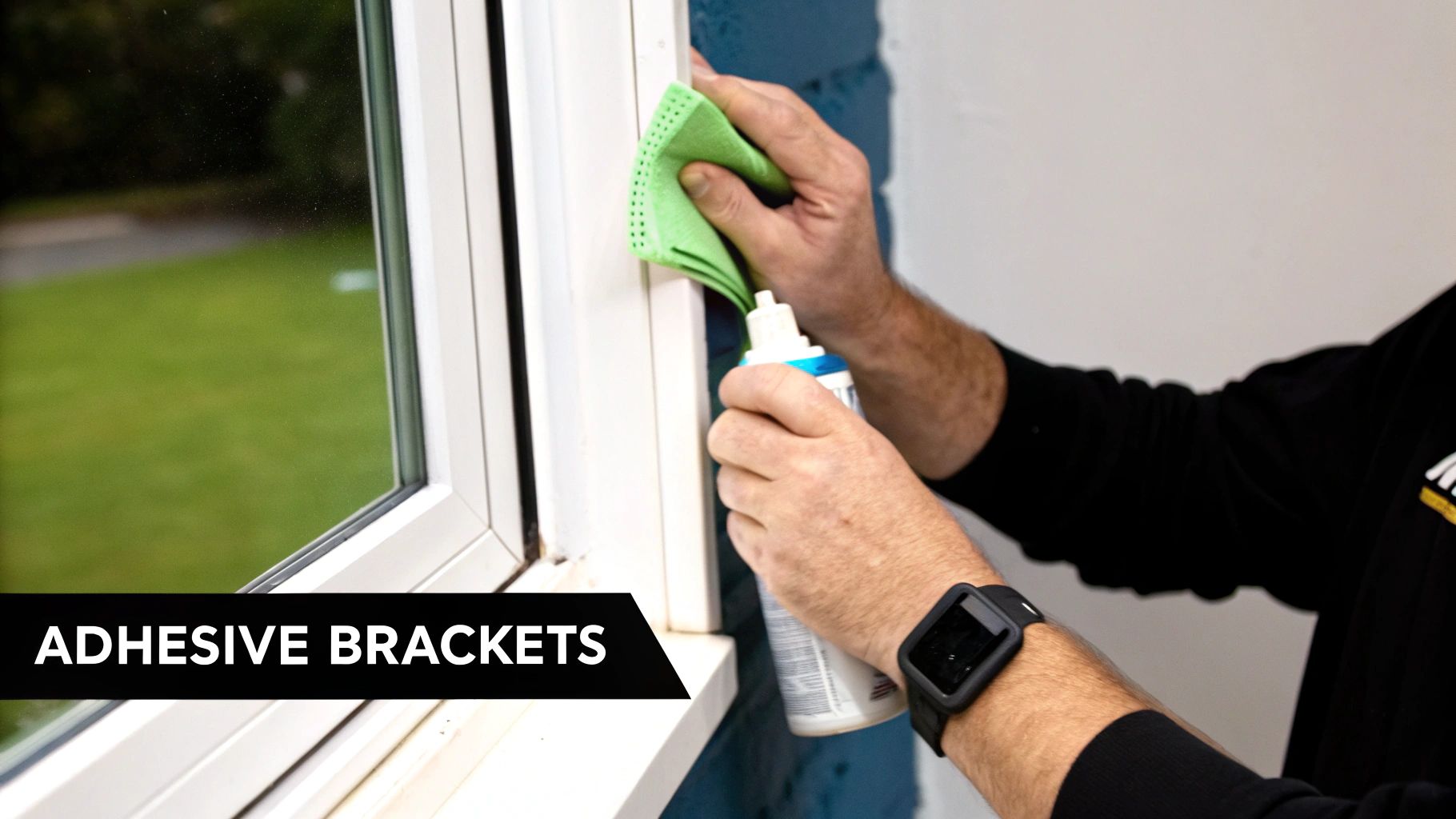 Person cleaning window frame with green cloth and spray bottle for adhesive bracket installation