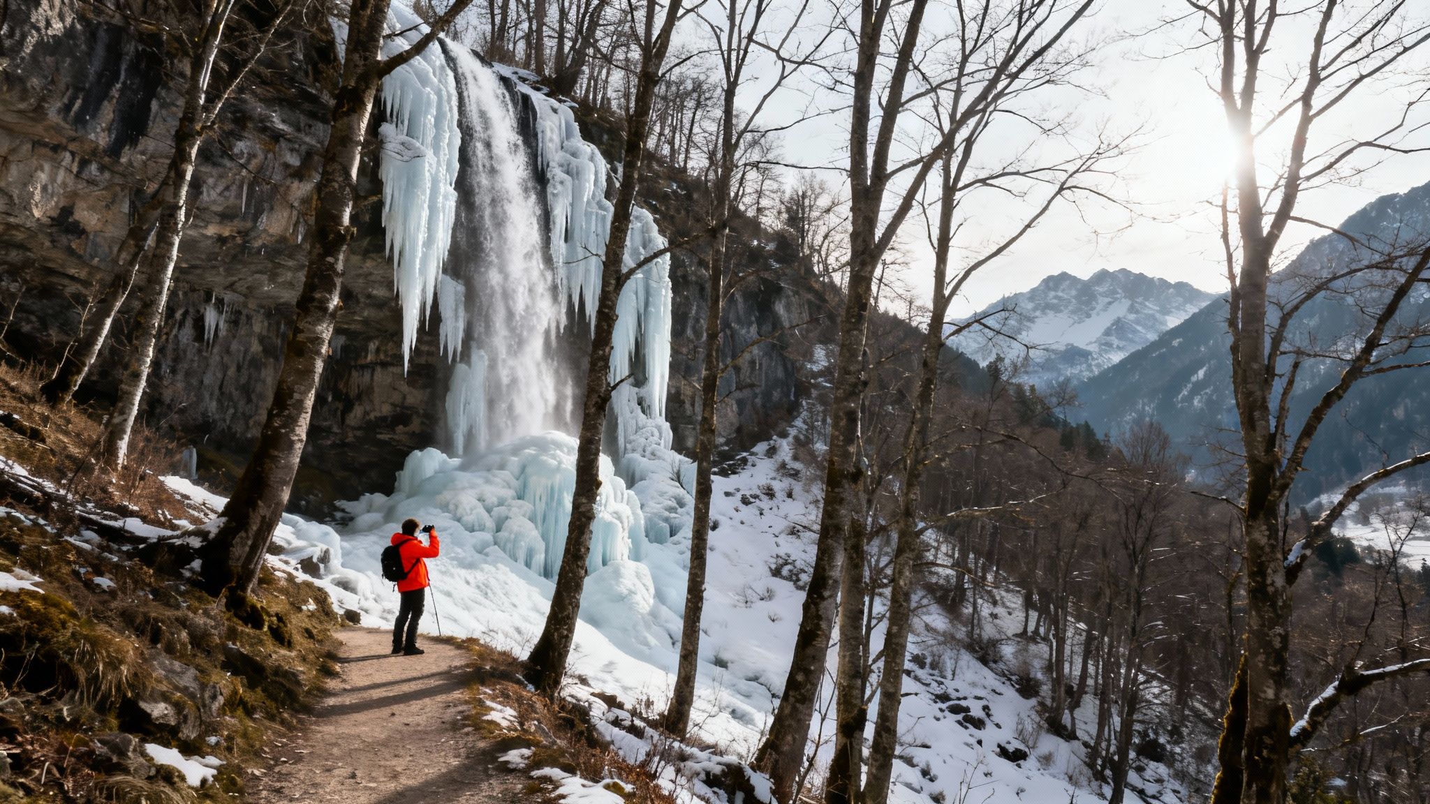 A person in a red jacket photographs a partially frozen waterfall with massive icicles and snow-covered trees in a winter mountain landscape.
