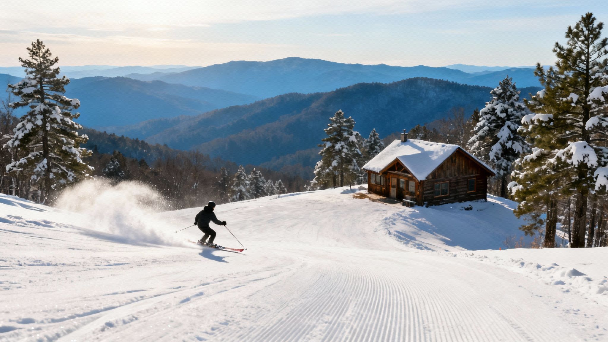 Skier carves down a snowy mountain slope past a rustic cabin and pine trees under a blue sky.