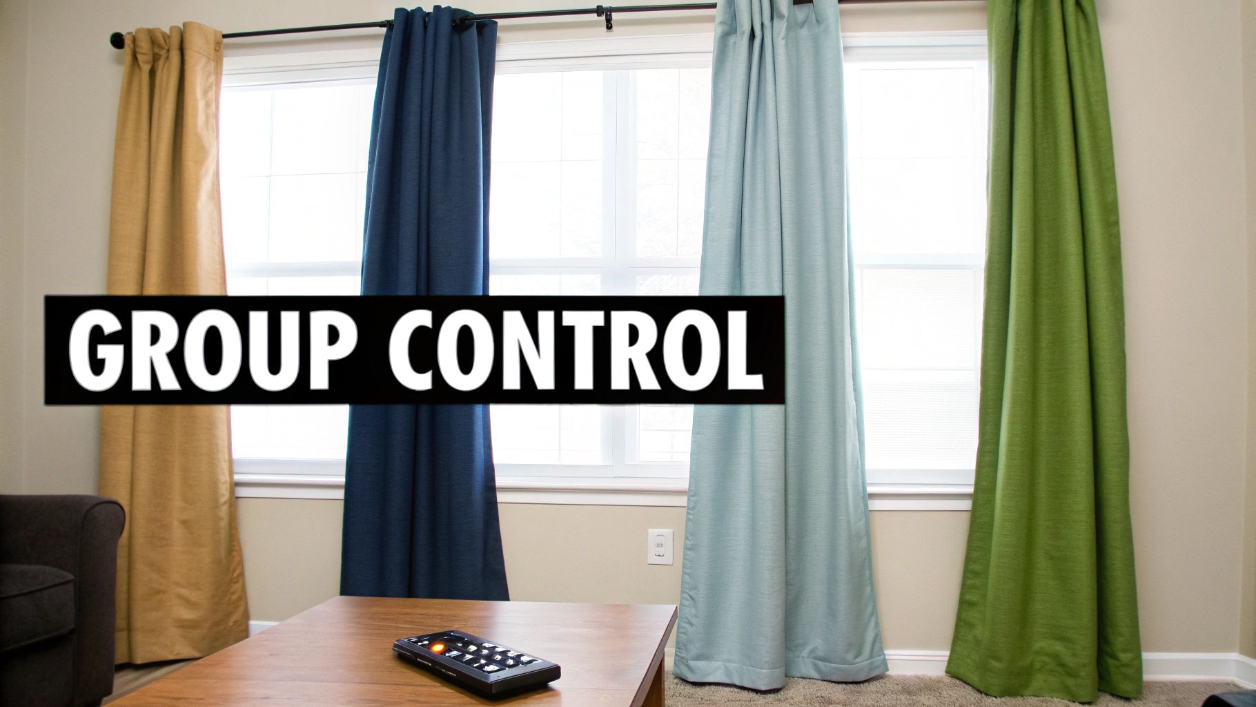 Four colorful curtains hanging on a window, with a remote control on a coffee table.