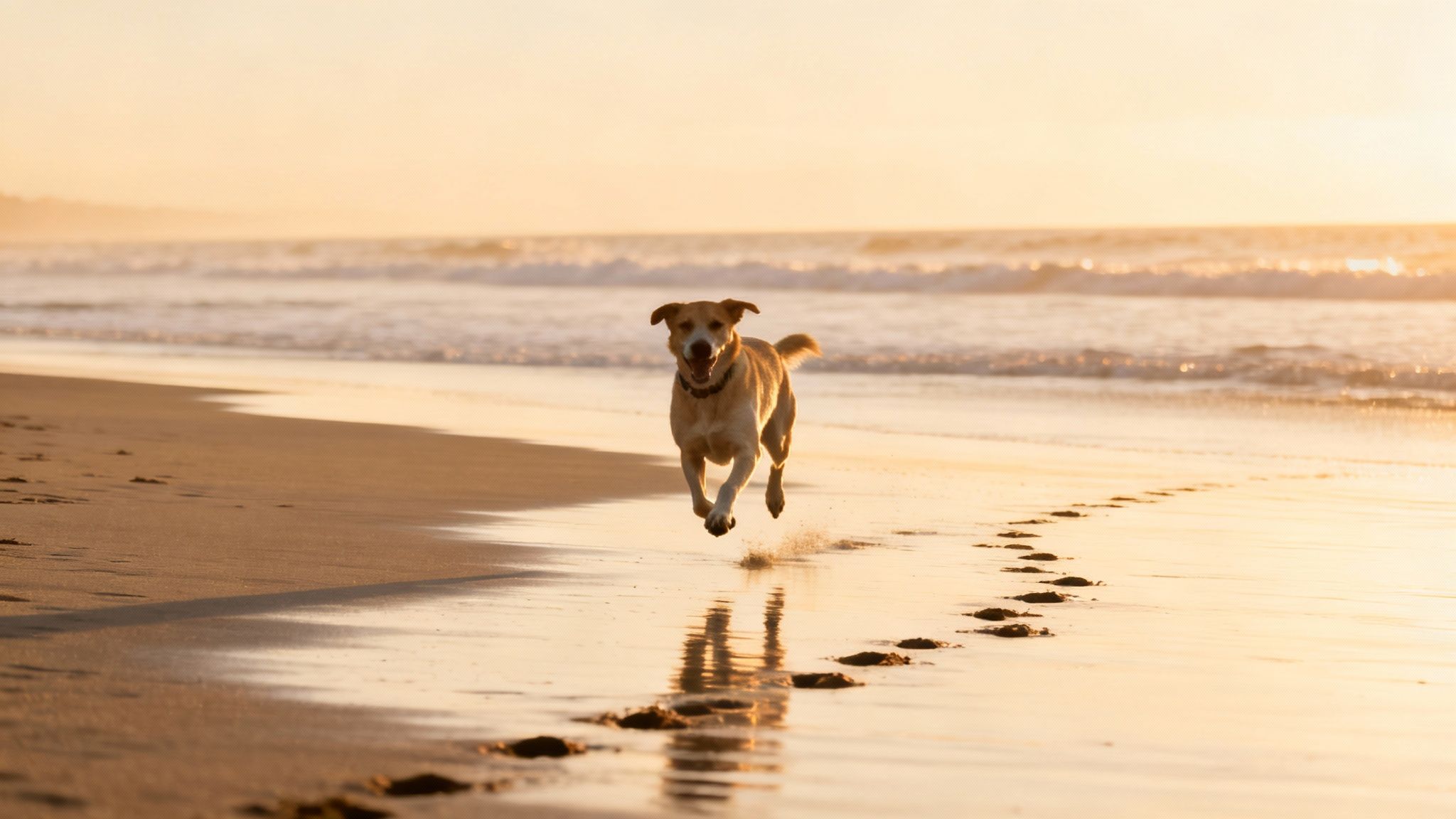 A happy light brown dog runs joyfully on a wet sandy beach with ocean waves and a golden sunset.